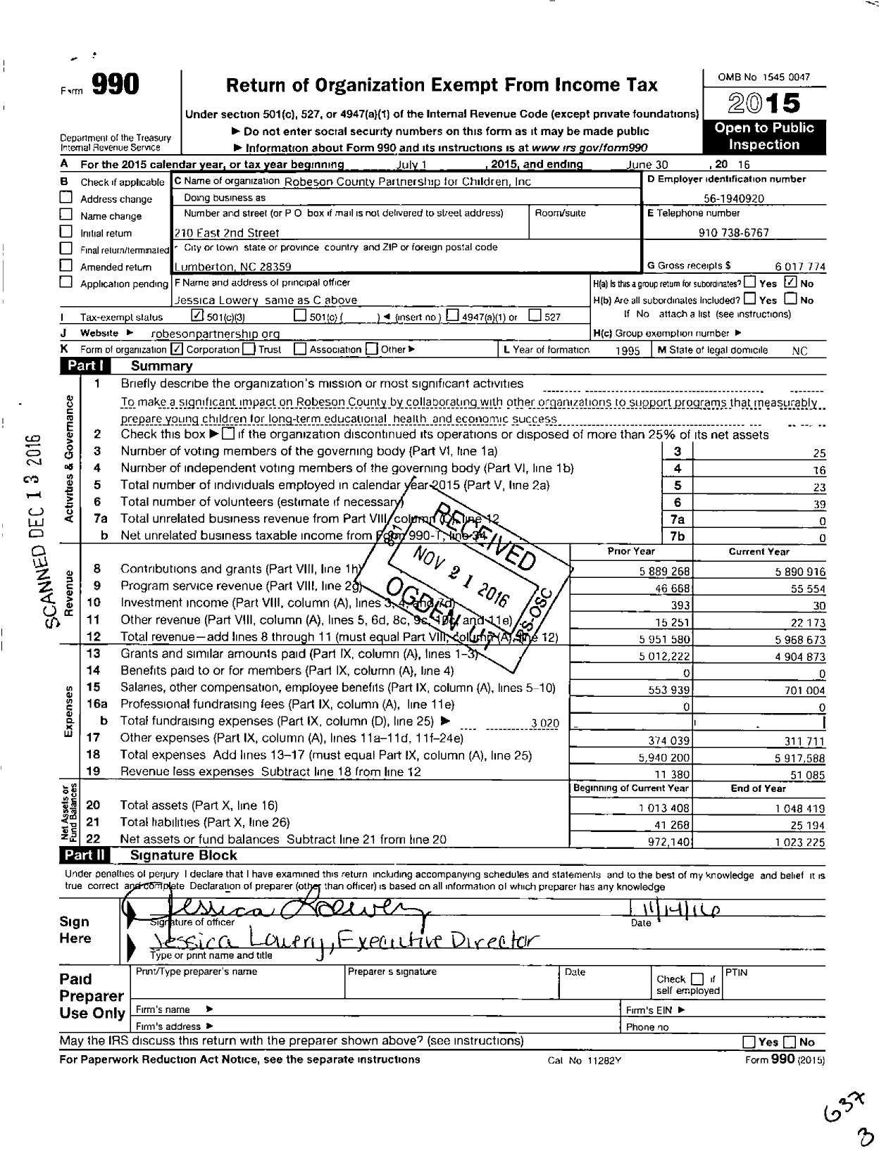 Image of first page of 2015 Form 990 for Robeson County Partnership for Children (NCPC)