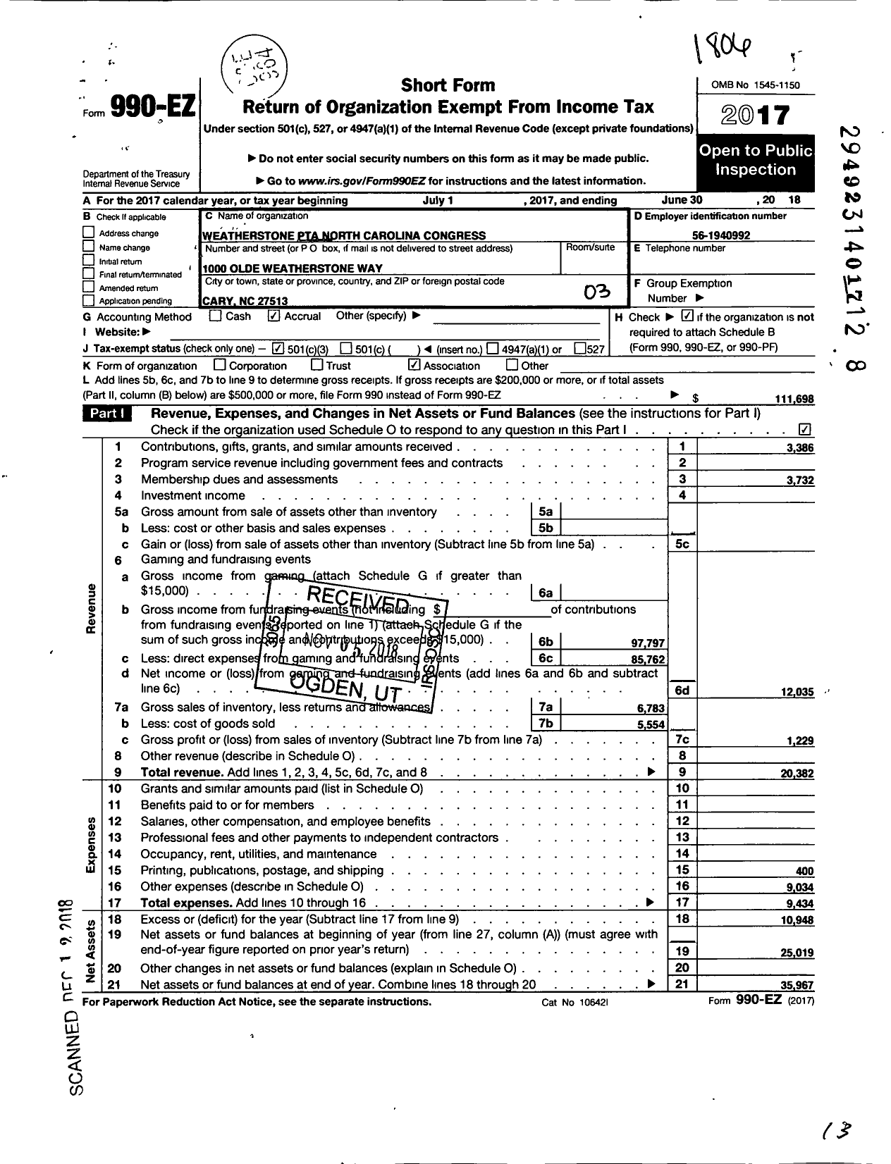 Image of first page of 2017 Form 990EZ for NORTH CAROLINA PTA - Weatherstone Elementary School PTA