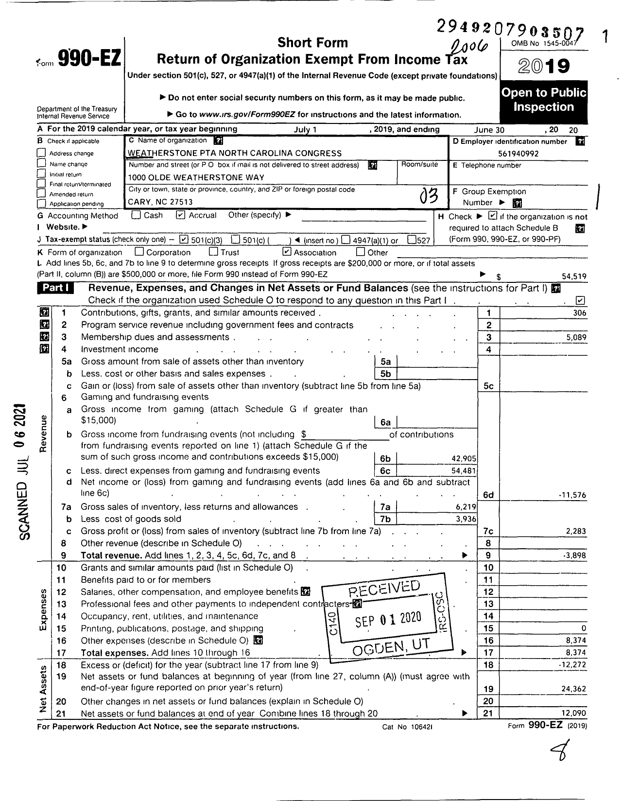 Image of first page of 2019 Form 990EZ for NORTH CAROLINA PTA - Weatherstone Elementary School PTA