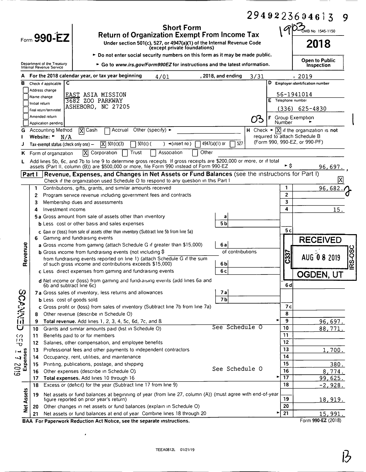 Image of first page of 2018 Form 990EZ for East Asia Mission