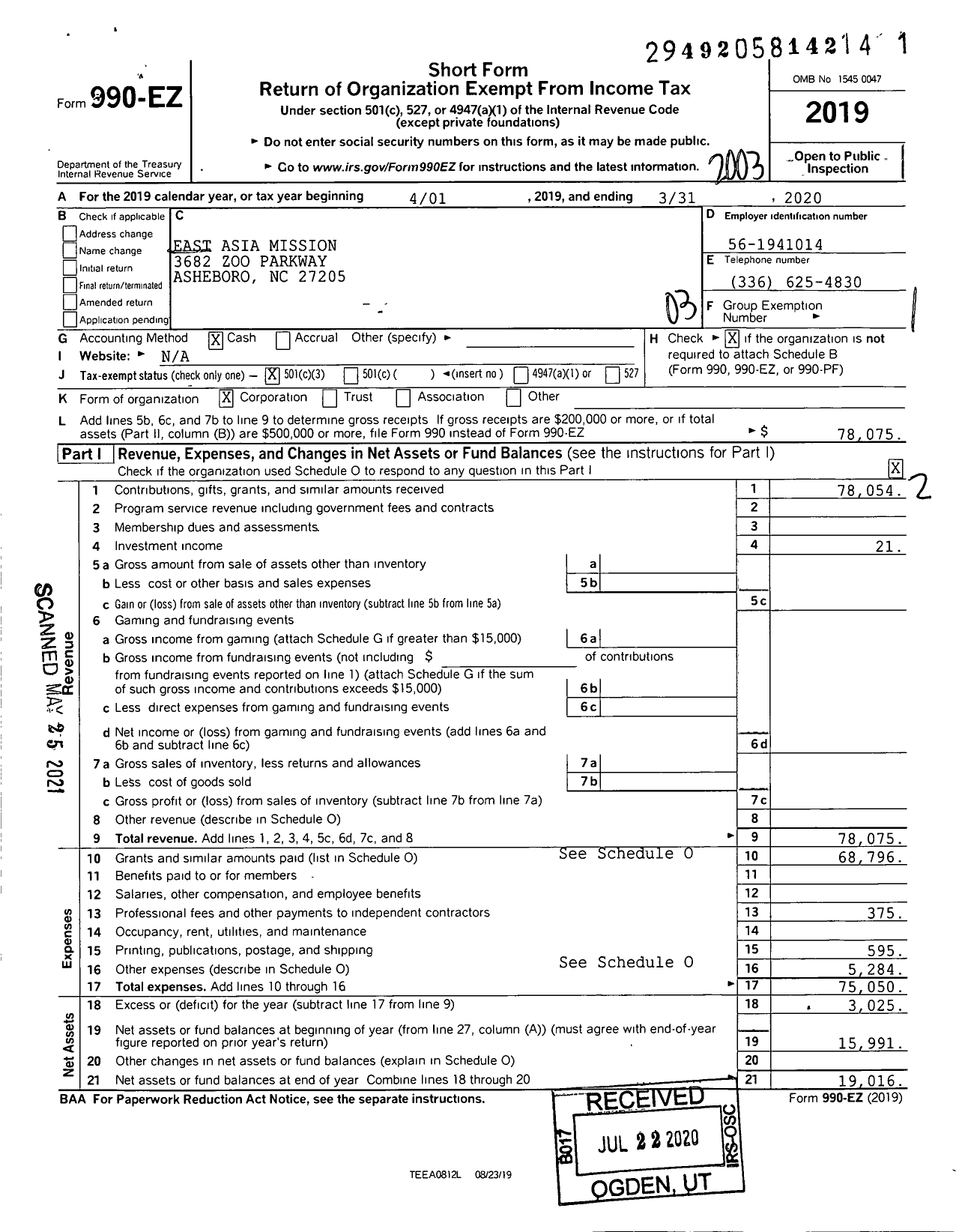 Image of first page of 2019 Form 990EZ for East Asia Mission