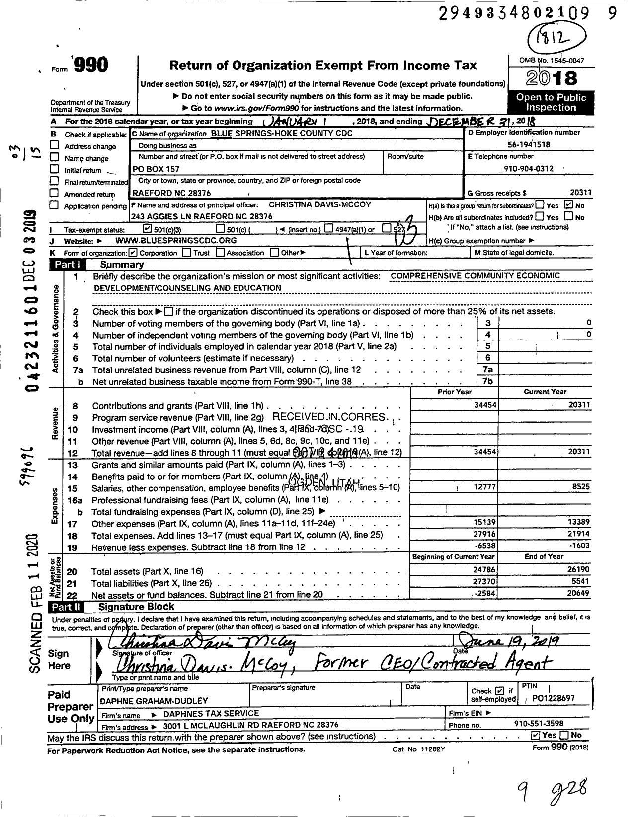 Image of first page of 2018 Form 990 for Blue Springs-Hoke County CDC