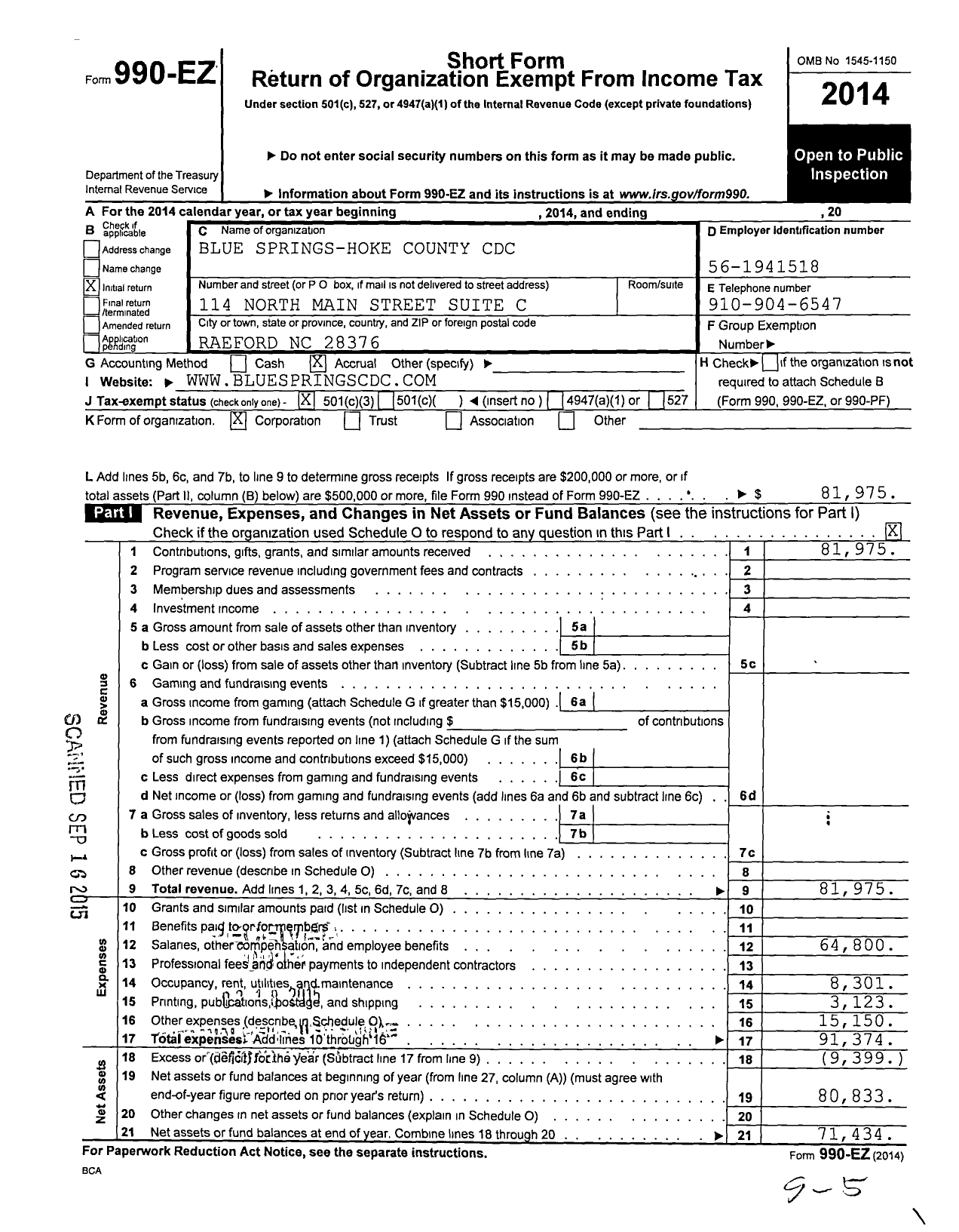 Image of first page of 2014 Form 990EZ for Blue Springs-Hoke County CDC