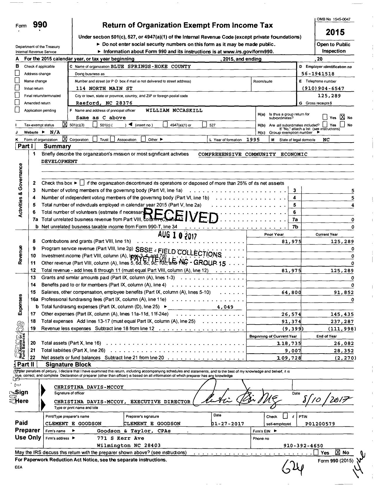 Image of first page of 2015 Form 990 for Blue Springs-Hoke County CDC