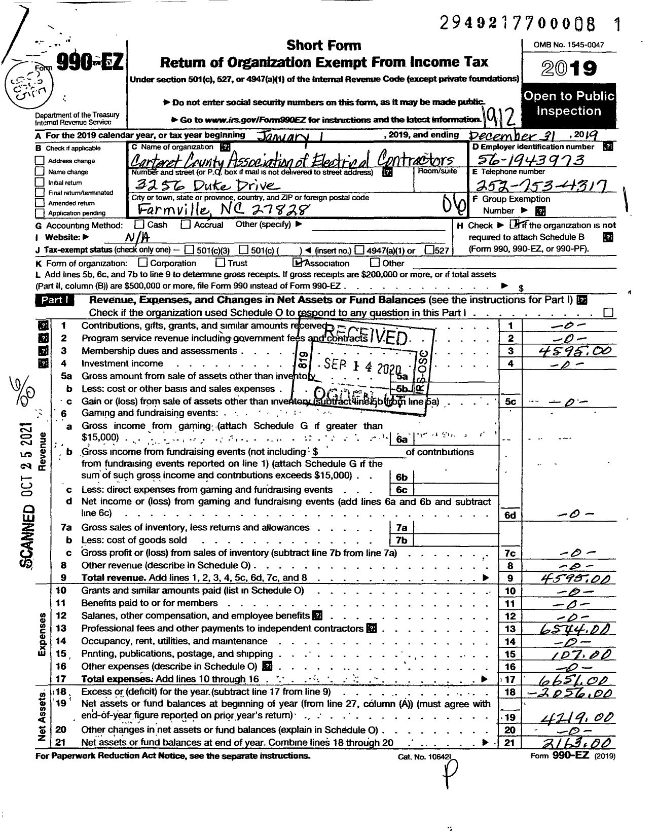 Image of first page of 2019 Form 990EO for Carteret County Association of Electrical Contractors