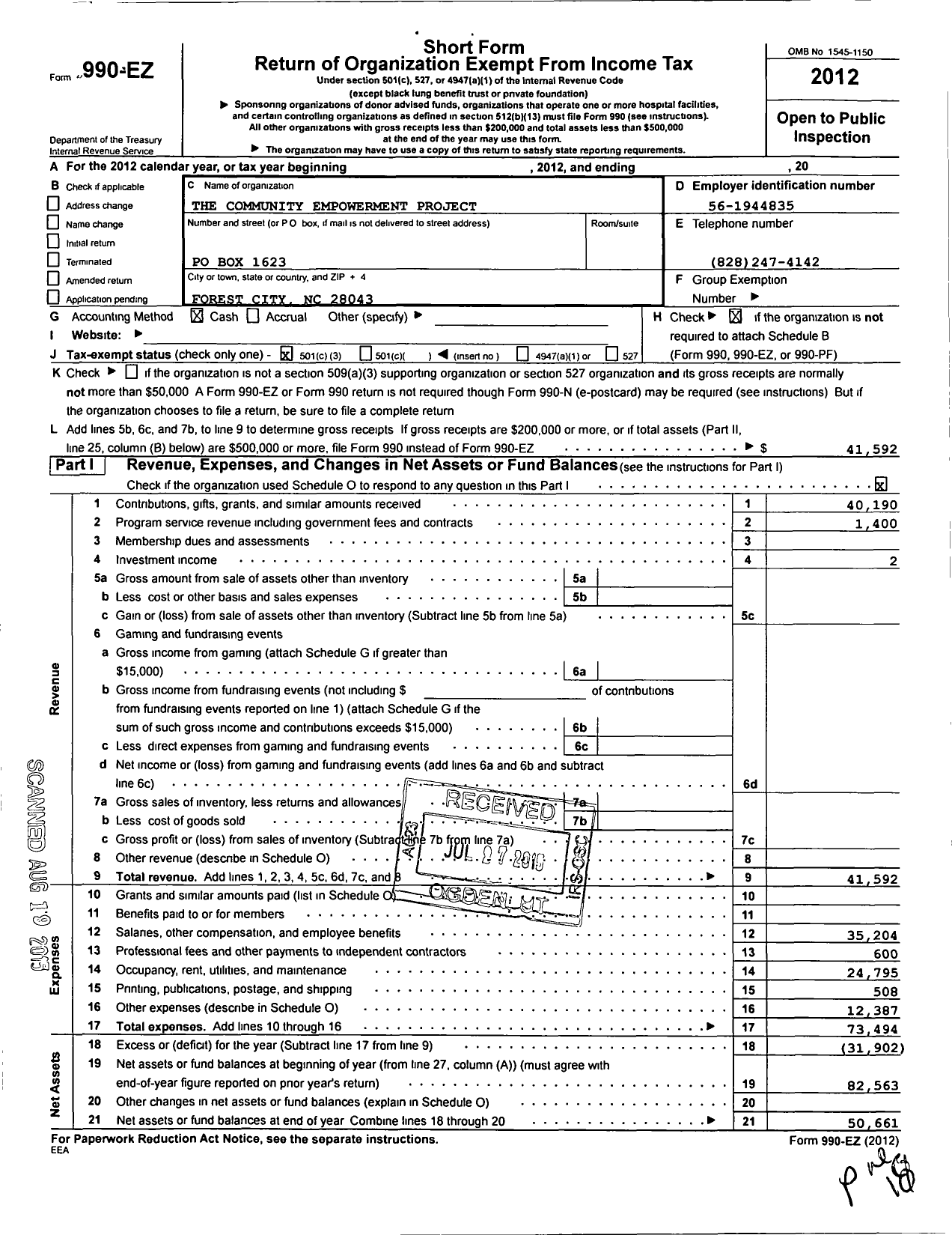 Image of first page of 2012 Form 990EZ for The Community Empowerment Project Community Development Corporation