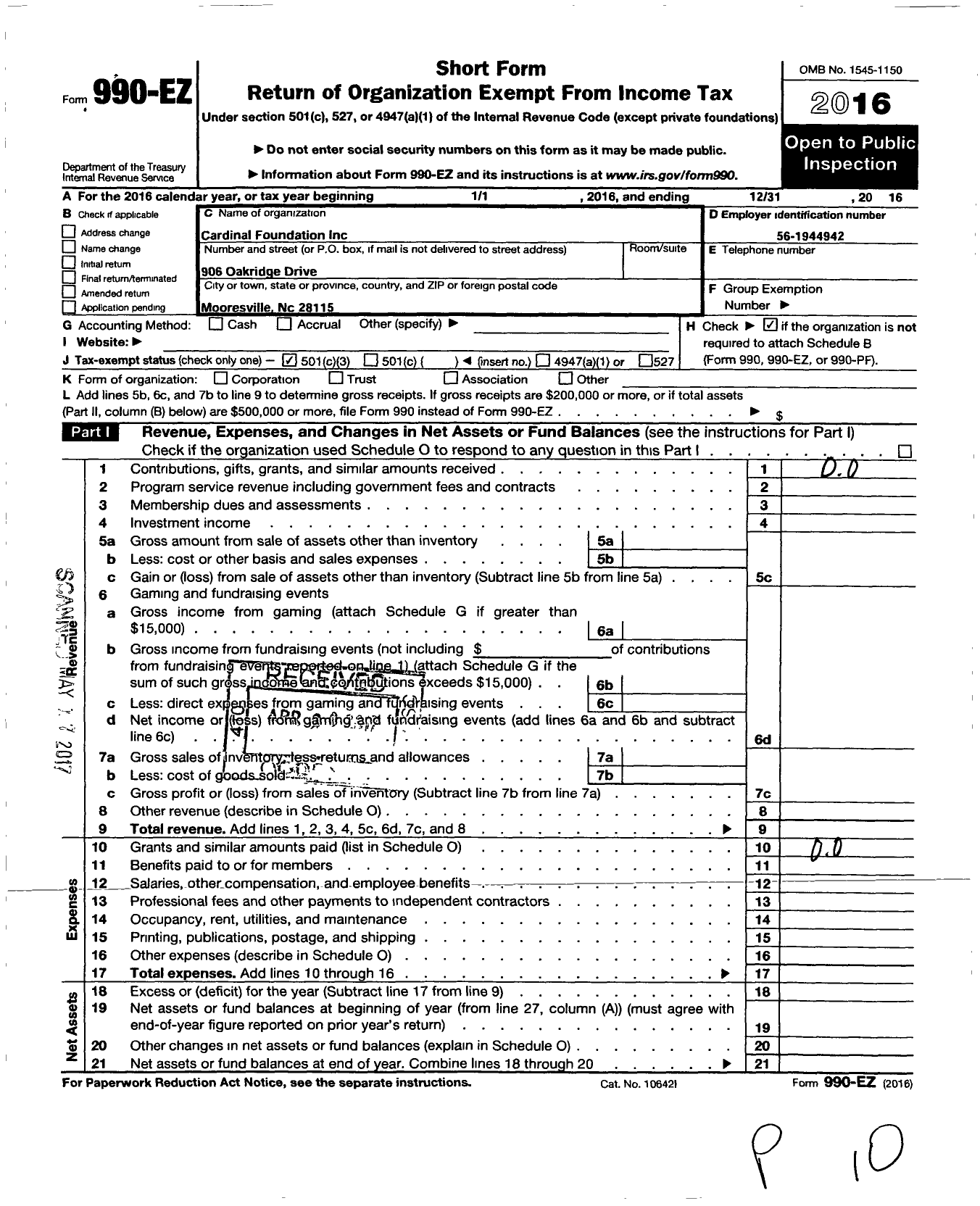 Image of first page of 2016 Form 990EZ for Wildlife and Outdoor Recreation Foundation