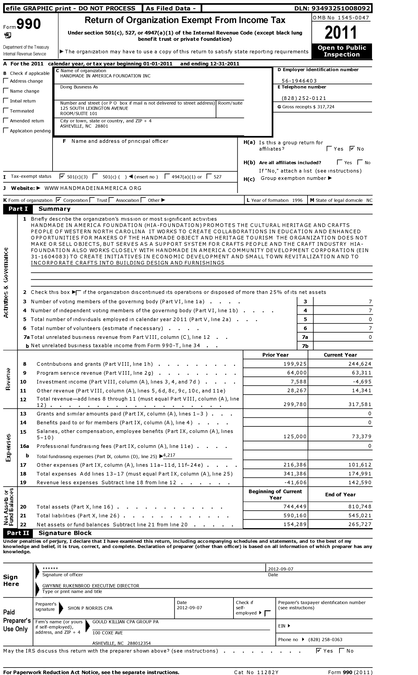 Image of first page of 2011 Form 990 for Handmade in America Foundation