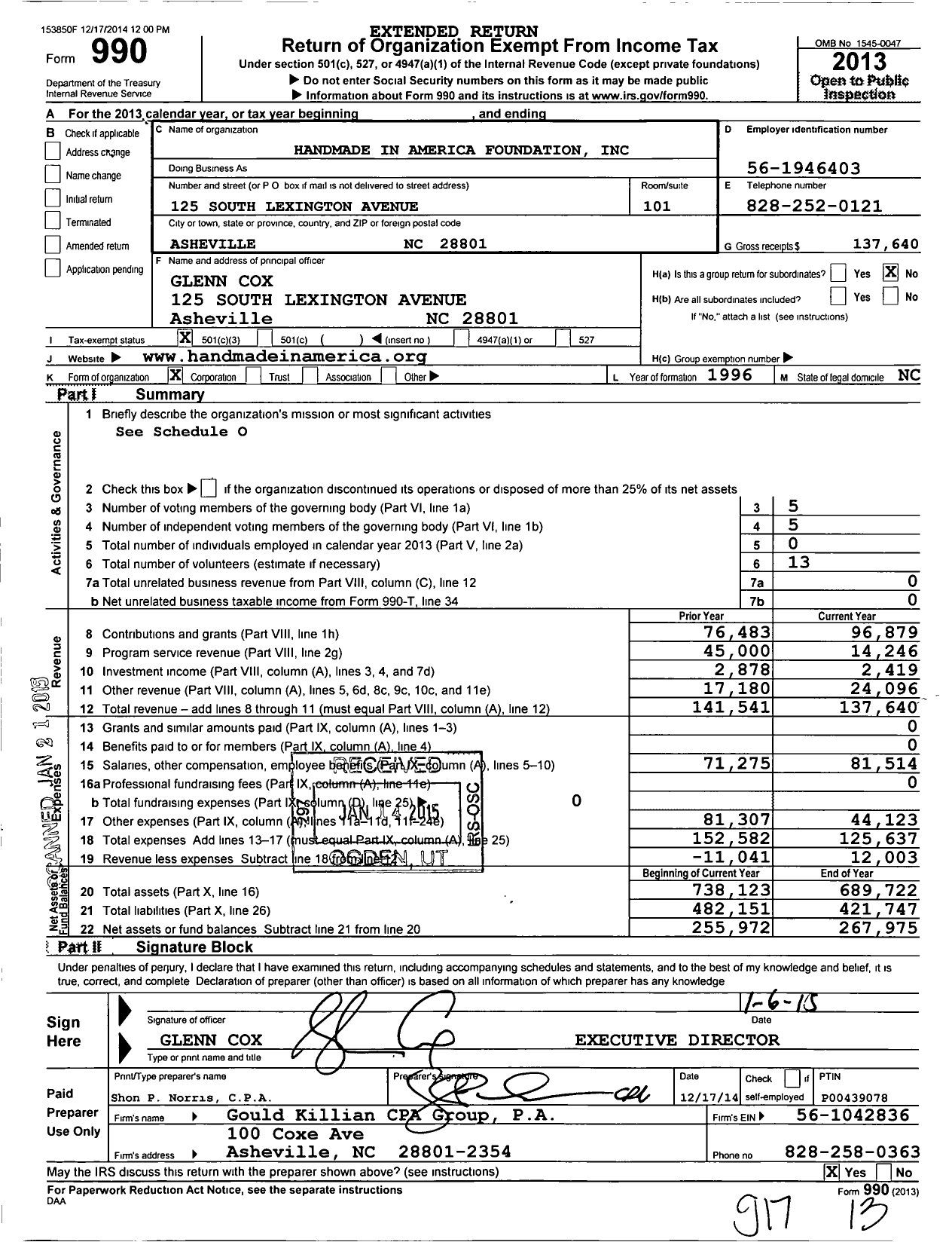 Image of first page of 2013 Form 990 for Handmade in America Foundation