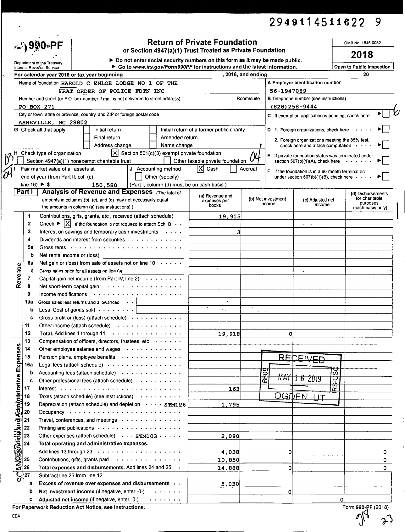 Image of first page of 2018 Form 990PF for Harold C Enloe Lodge No 1 of the