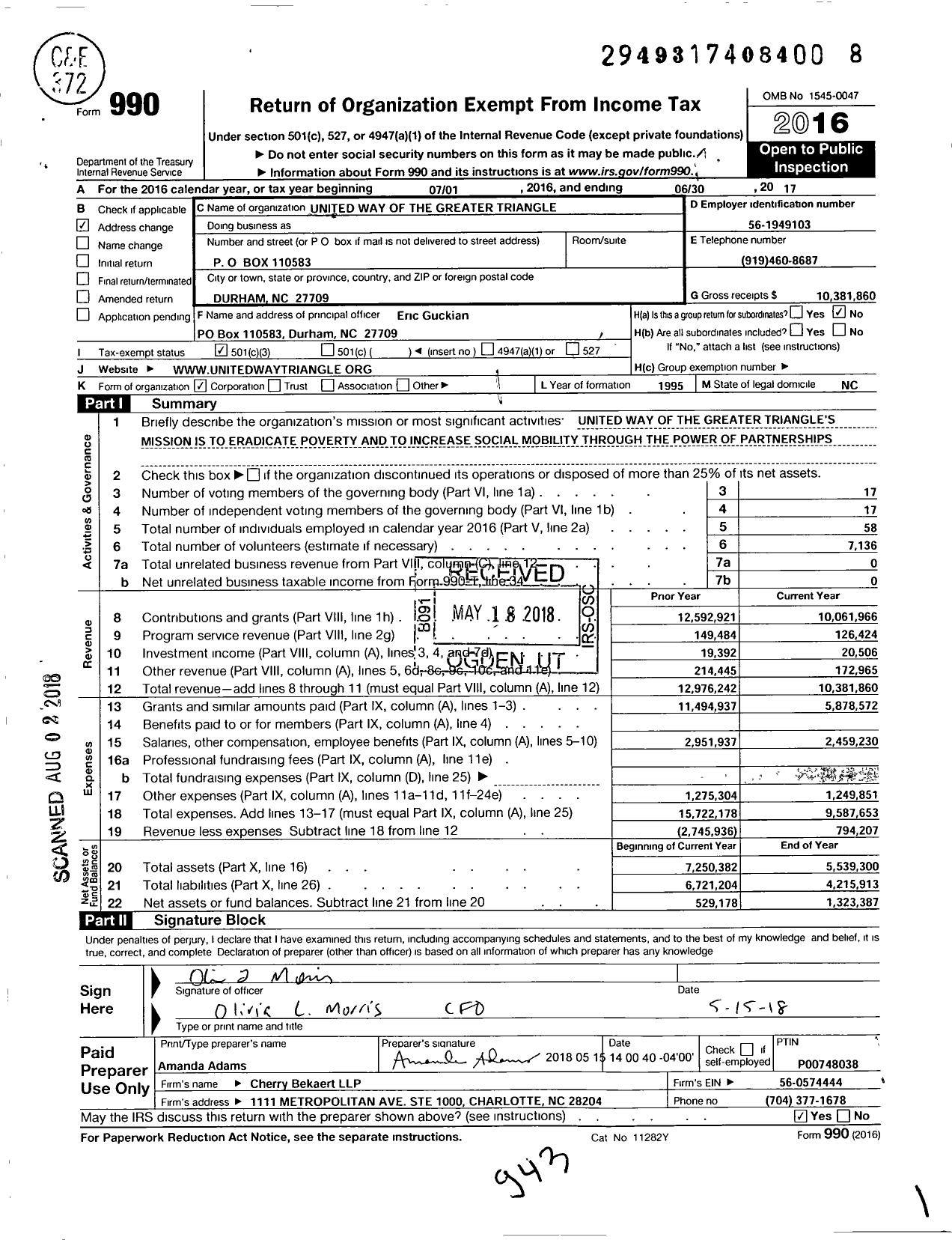 Image of first page of 2016 Form 990 for United Way of the Greater Triangle (UWGT)