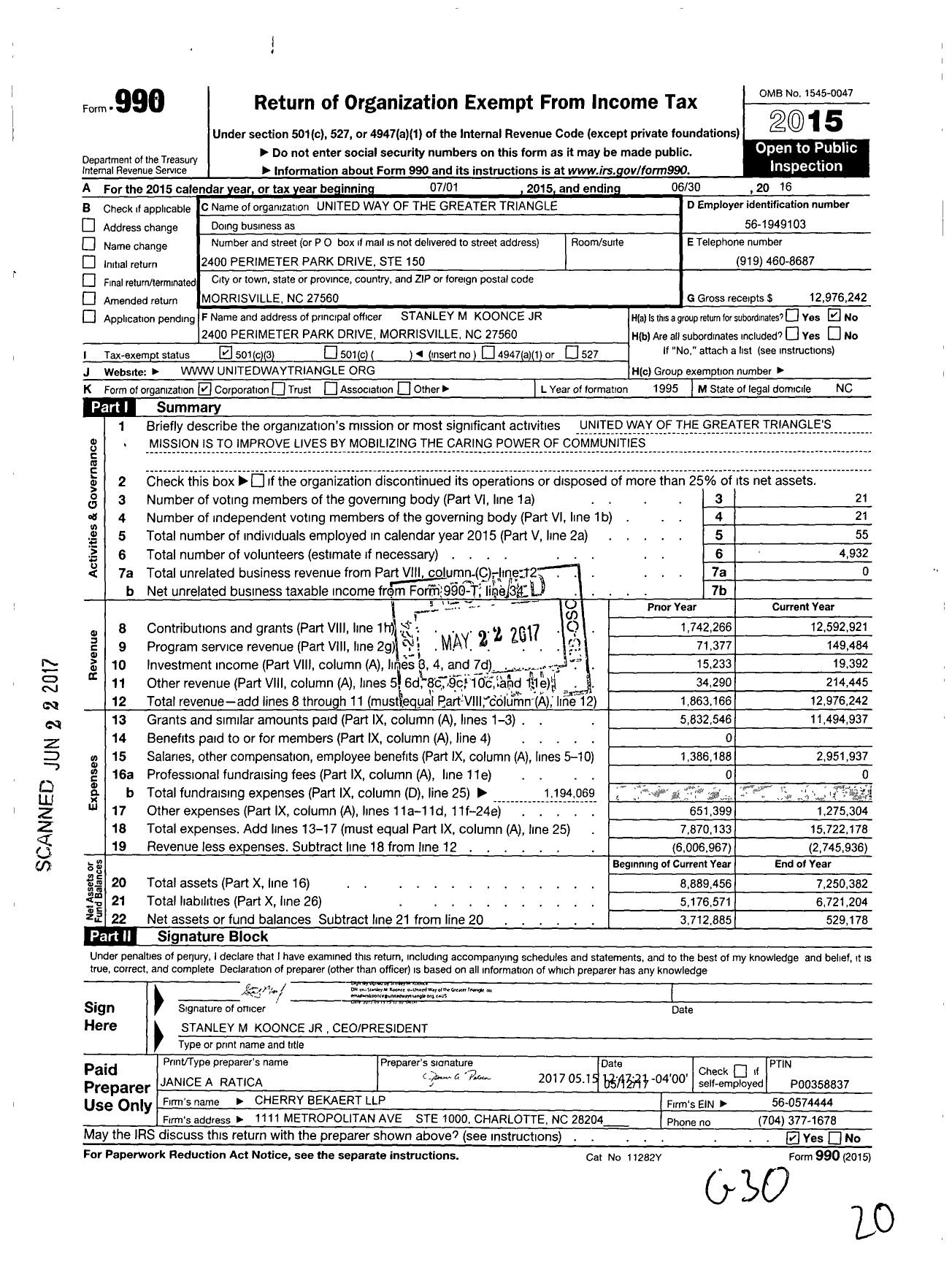 Image of first page of 2015 Form 990 for United Way of the Greater Triangle (UWGT)