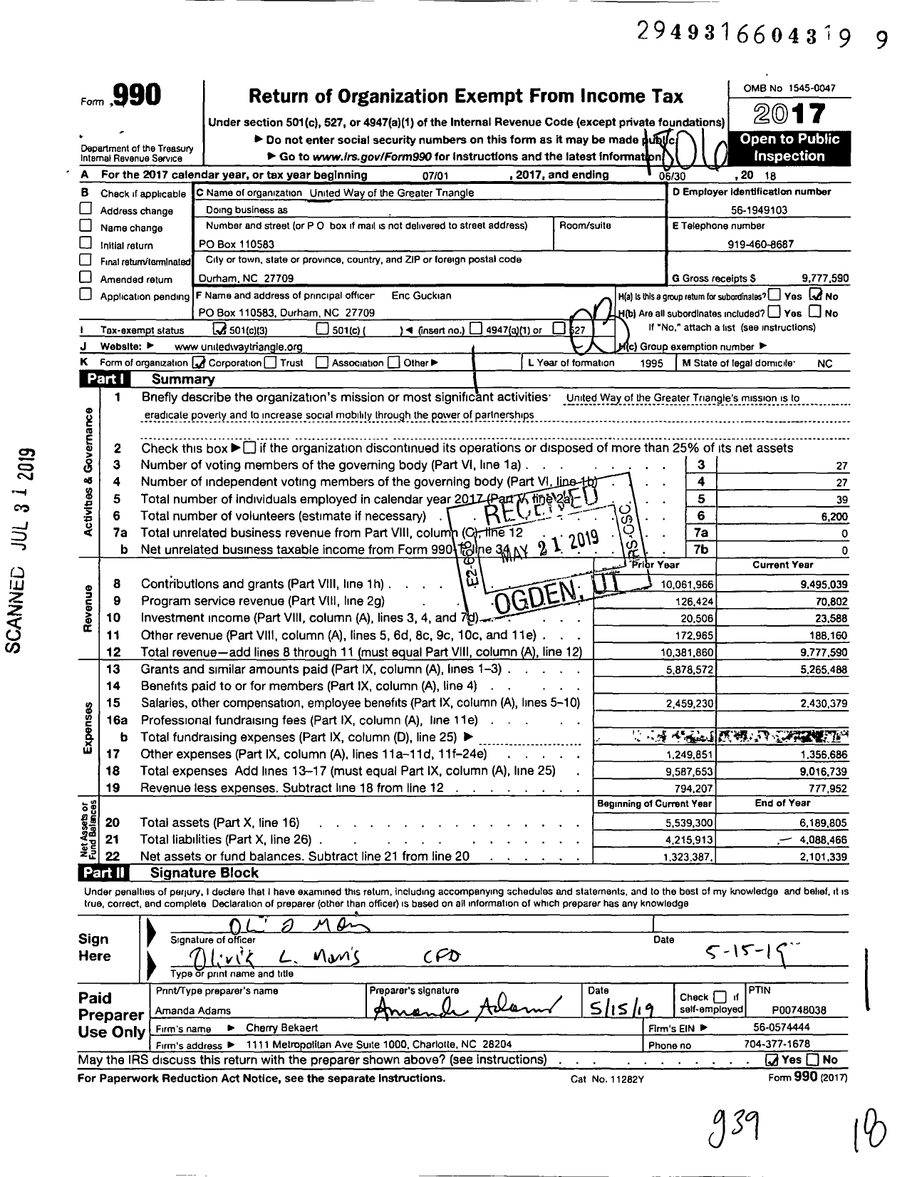 Image of first page of 2017 Form 990 for United Way of the Greater Triangle (UWGT)