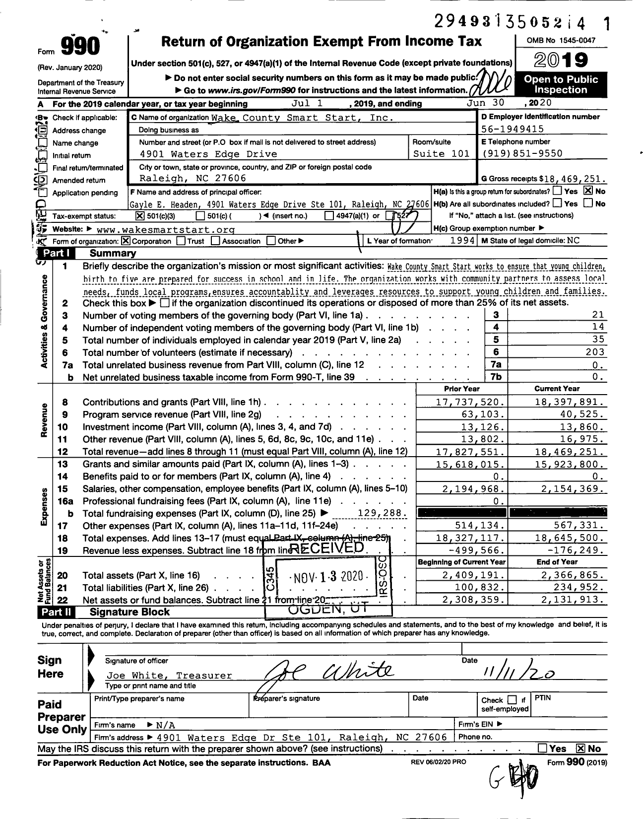 Image of first page of 2019 Form 990 for Wake County SmartStart (WCSS)