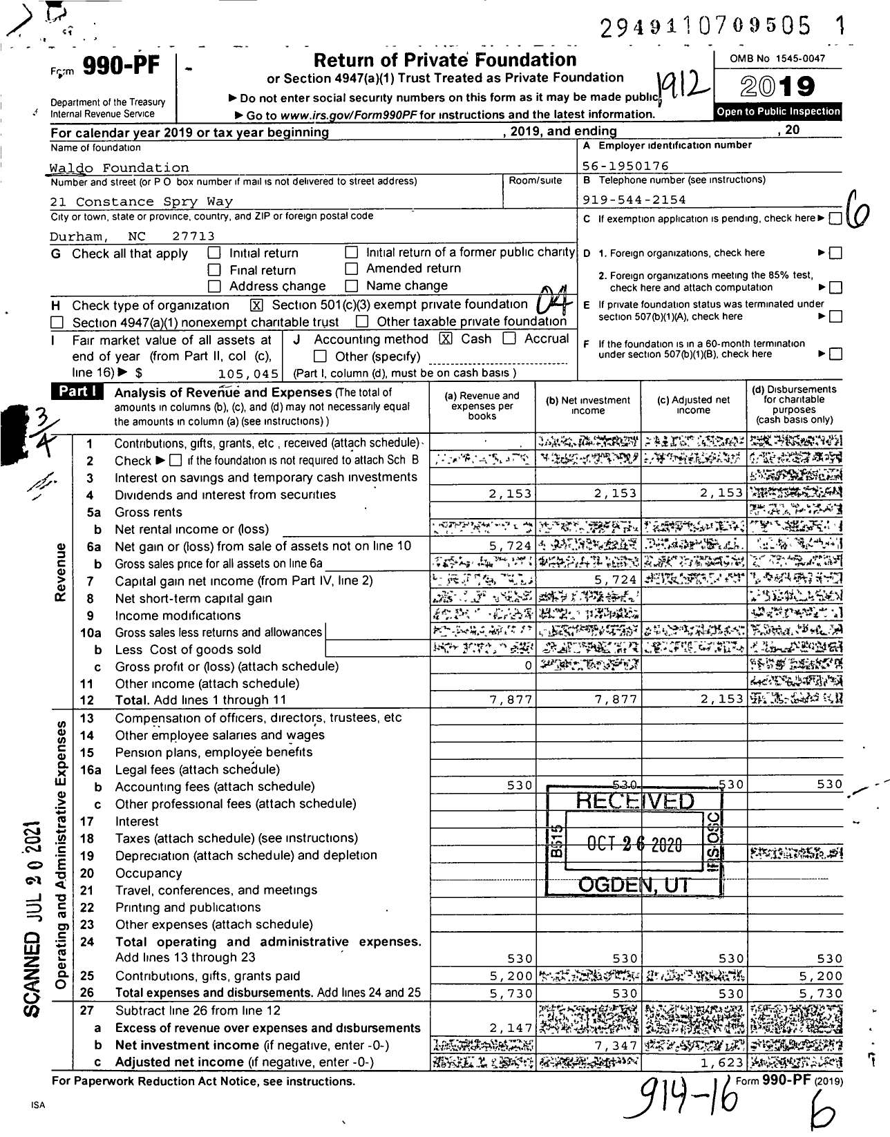 Image of first page of 2019 Form 990PF for Waldo Foundation