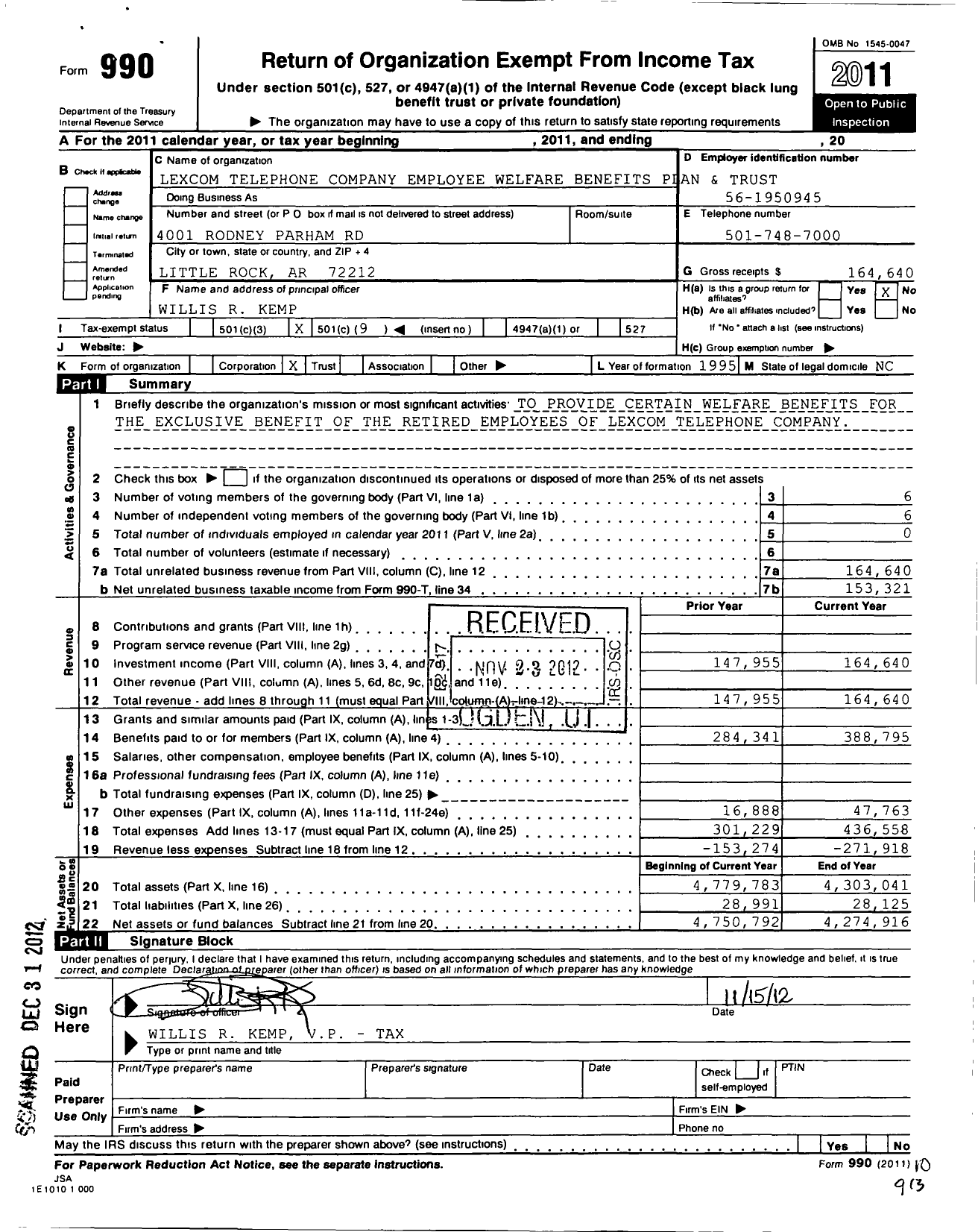 Image of first page of 2011 Form 990O for Lexcom Telephone Company Employee Welfare Benefits Plan and Trust