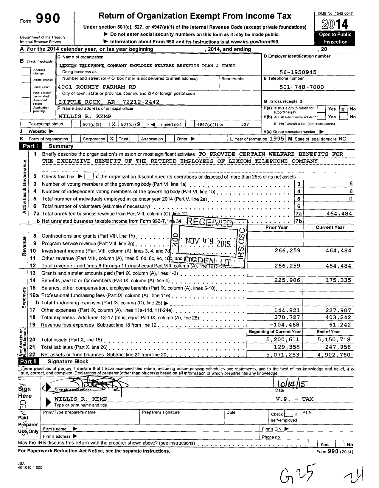 Image of first page of 2014 Form 990O for Lexcom Telephone Company Employee Welfare Benefits Plan and Trust