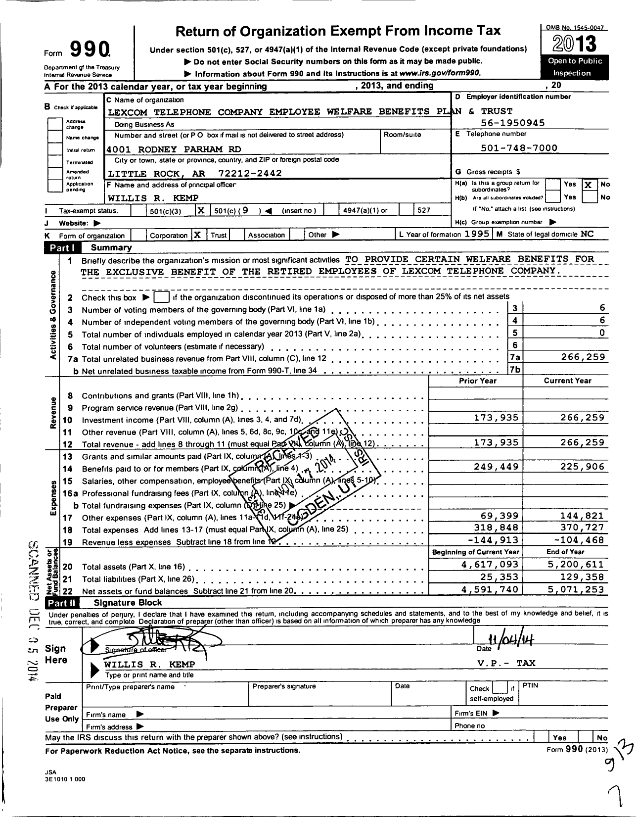 Image of first page of 2013 Form 990O for Lexcom Telephone Company Employee Welfare Benefits Plan and Trust