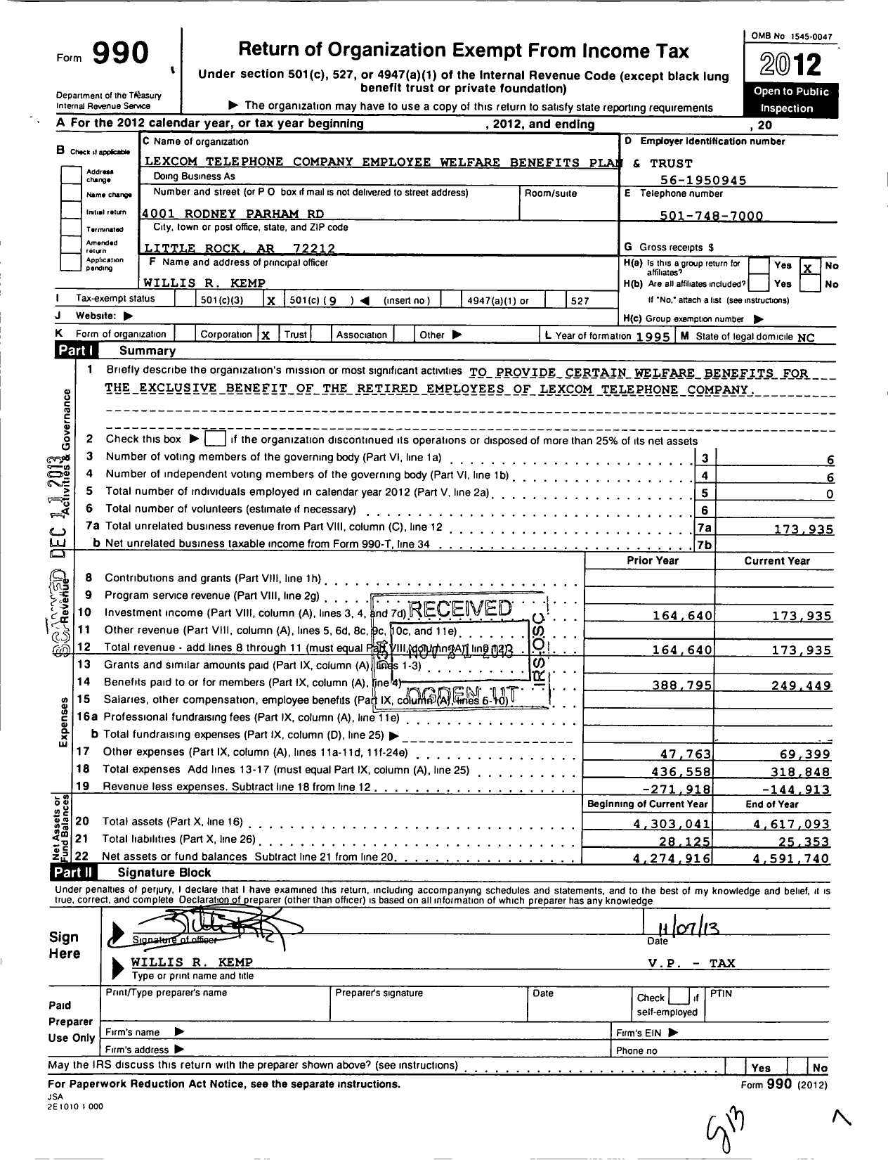 Image of first page of 2012 Form 990O for Lexcom Telephone Company Employee Welfare Benefits Plan and Trust