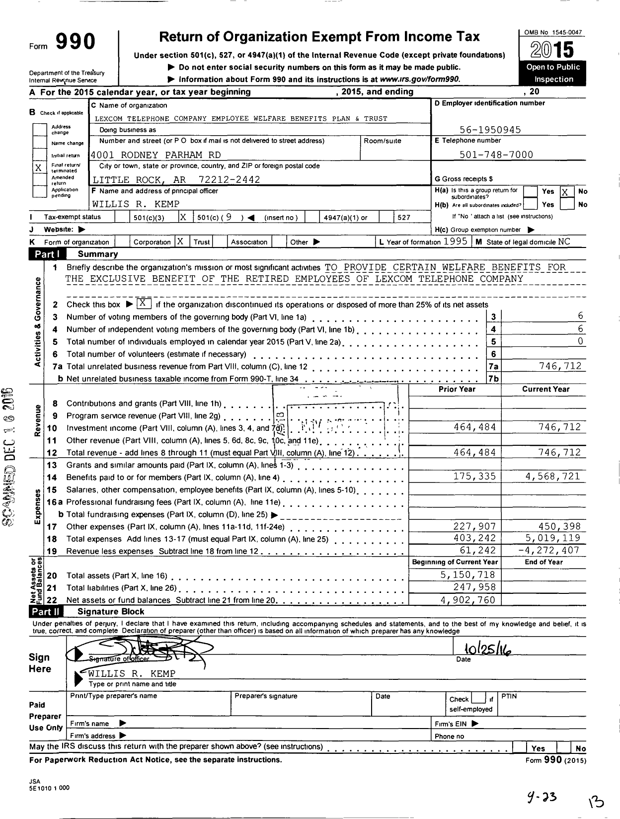 Image of first page of 2015 Form 990O for Lexcom Telephone Company Employee Welfare Benefits Plan and Trust