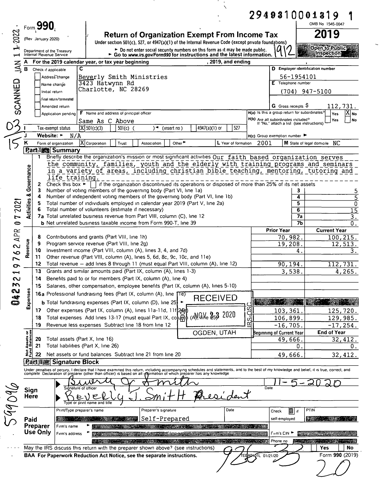 Image of first page of 2019 Form 990 for Beverly Smith Ministries