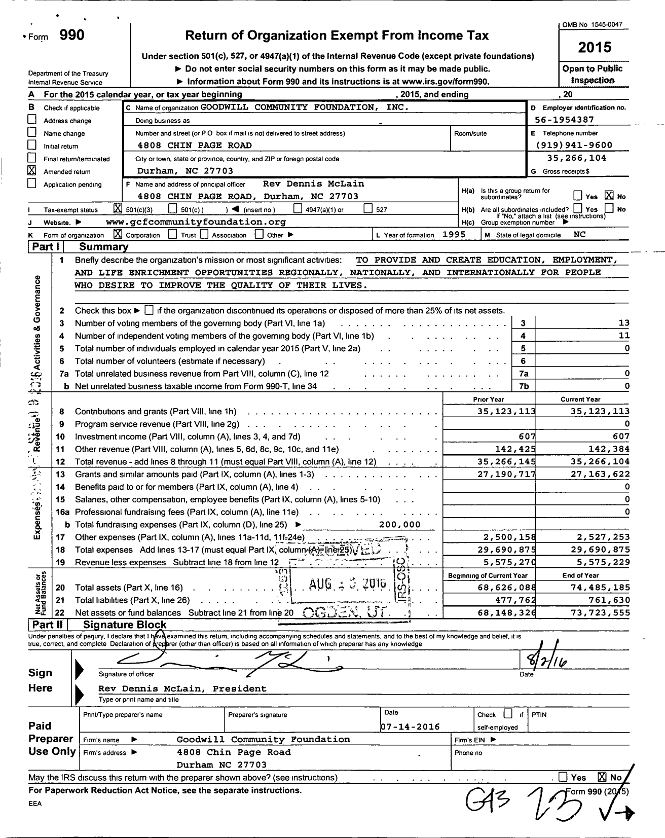 Image of first page of 2015 Form 990 for Camber Foundation