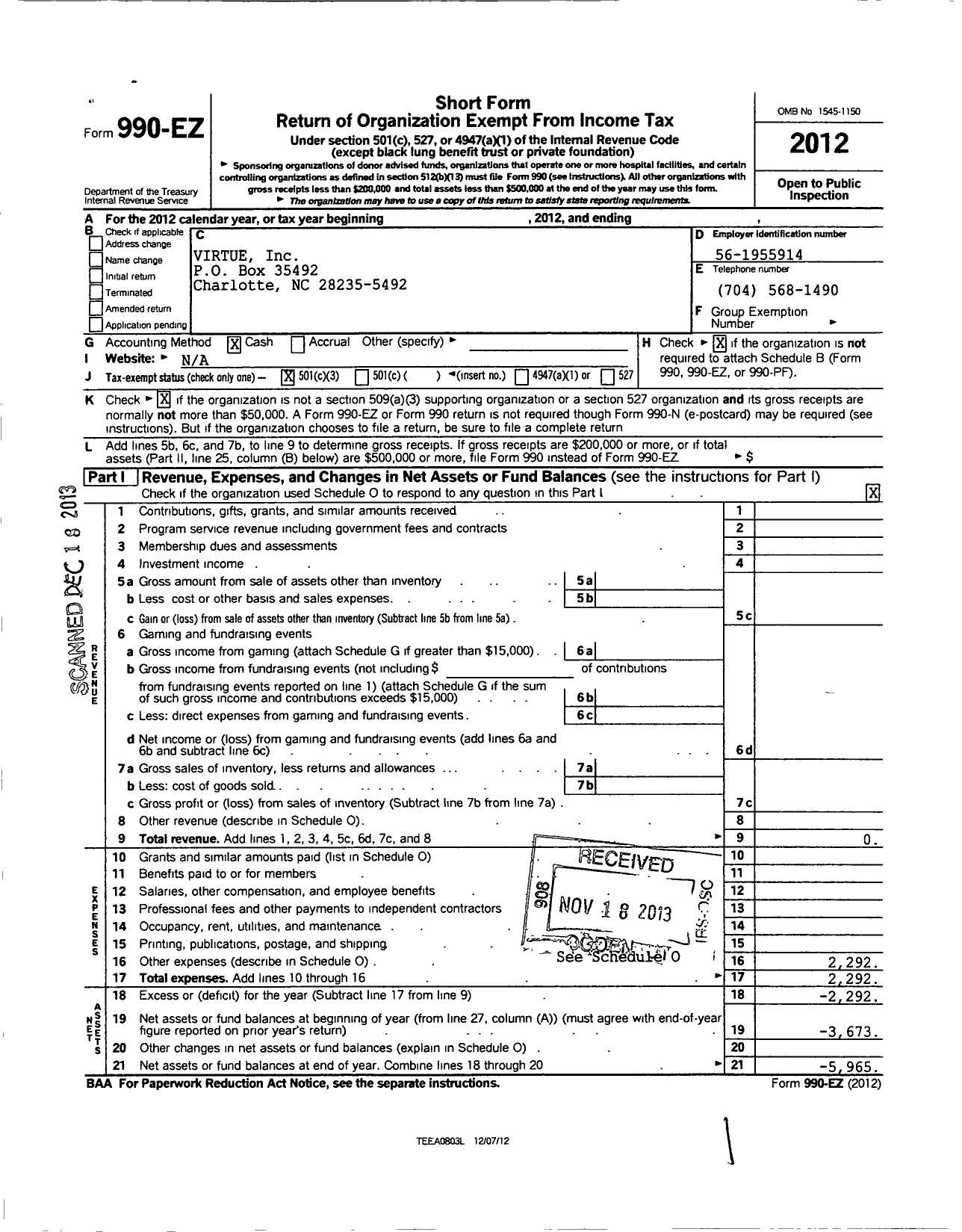 Image of first page of 2012 Form 990EZ for Virtue