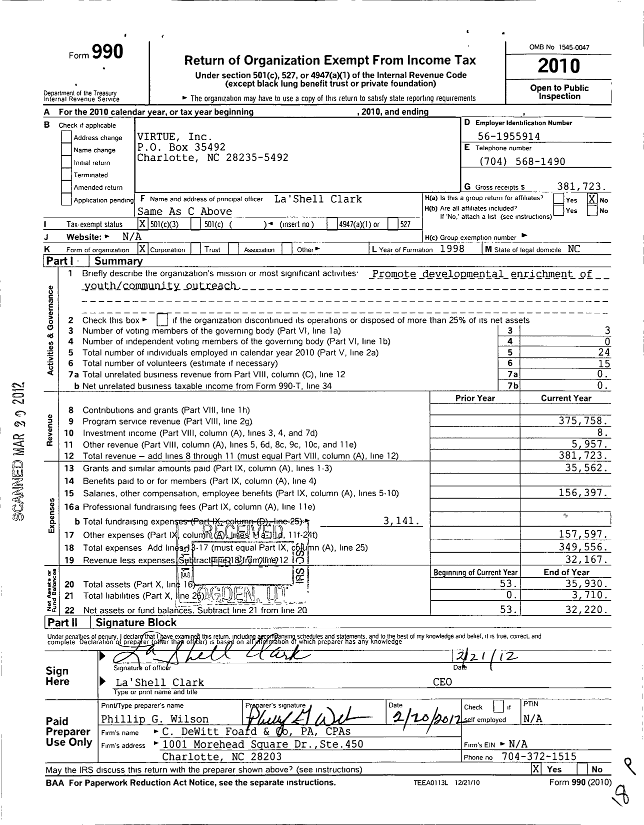 Image of first page of 2010 Form 990 for Virtue