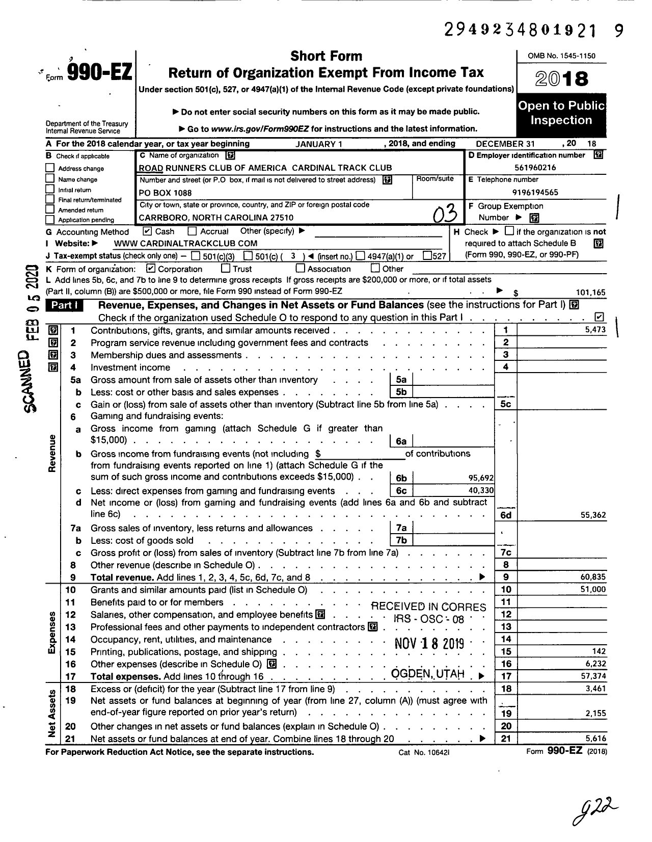 Image of first page of 2018 Form 990EZ for Road Runners Club of America Cardinal Track Club