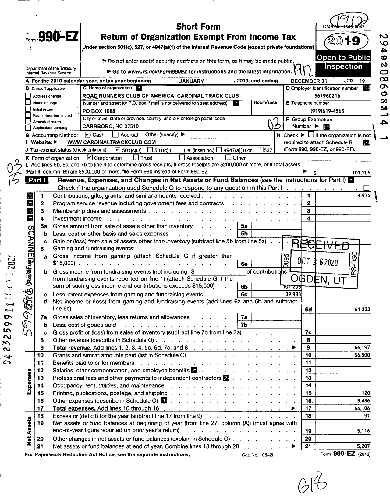 Image of first page of 2019 Form 990EZ for Road Runners Club of America Cardinal Track Club