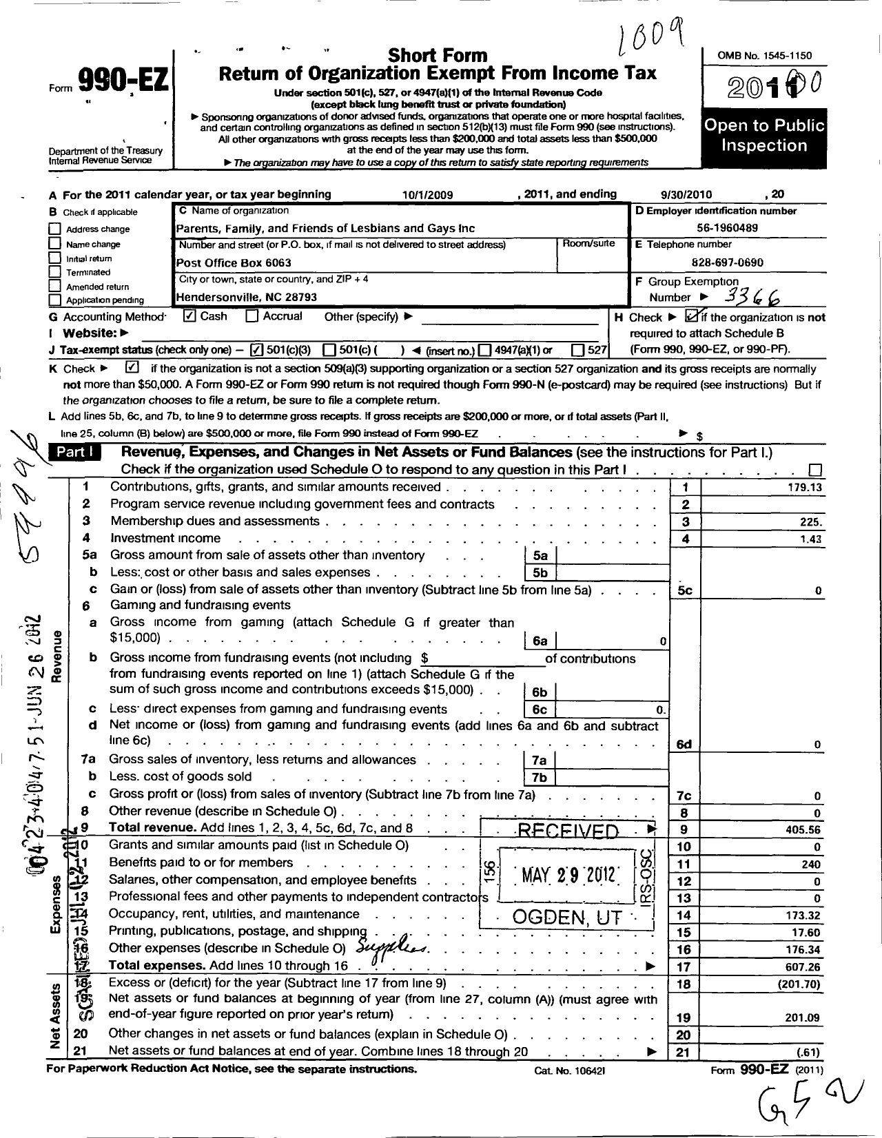 Image of first page of 2009 Form 990EZ for Pflag Flat Rock-Hendersonville