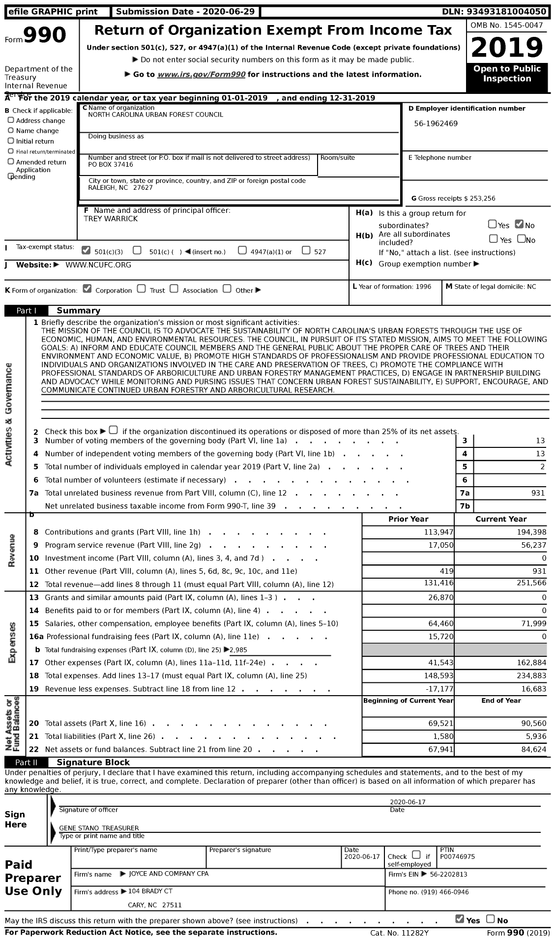 Image of first page of 2019 Form 990 for North Carolina Urban Forest Council