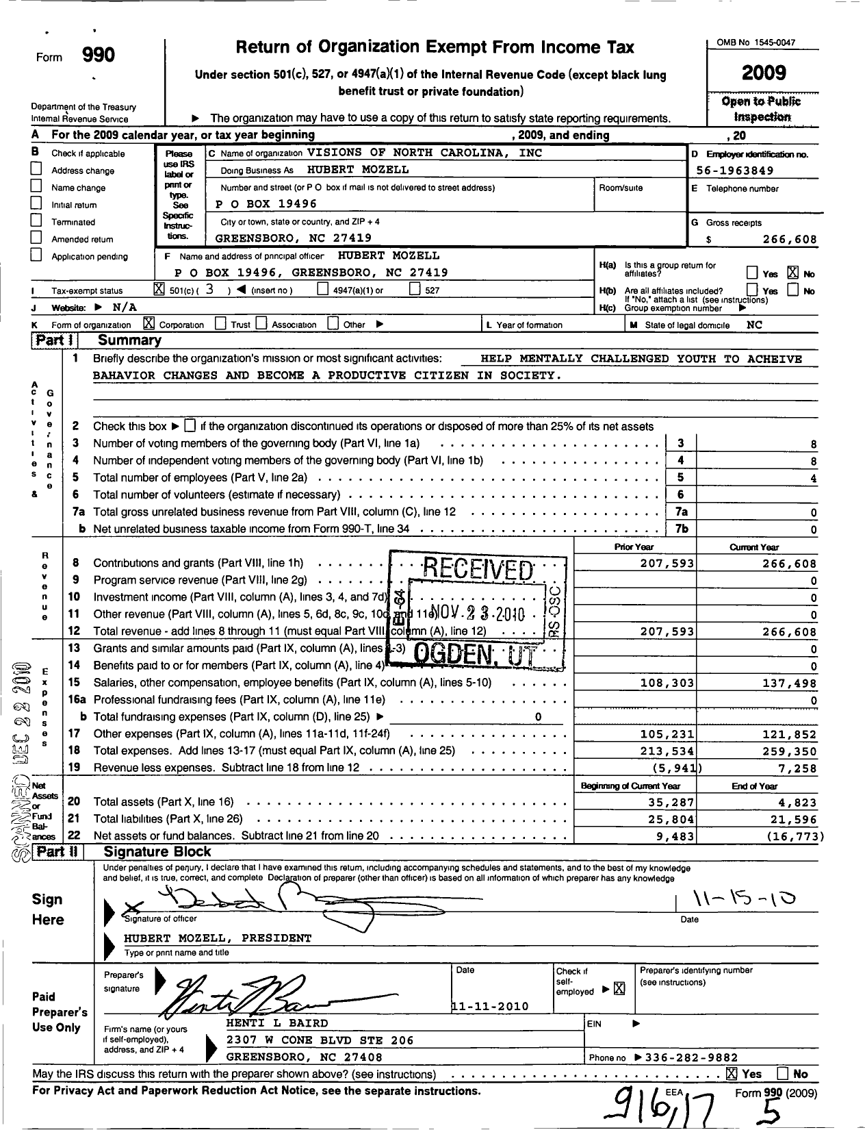 Image of first page of 2009 Form 990 for Visions of North Carolina