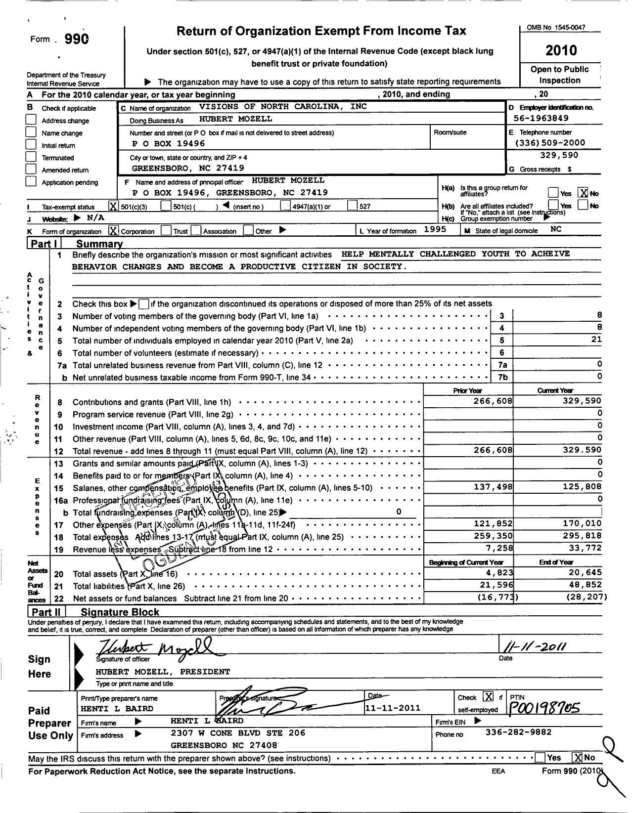 Image of first page of 2010 Form 990 for Visions of North Carolina