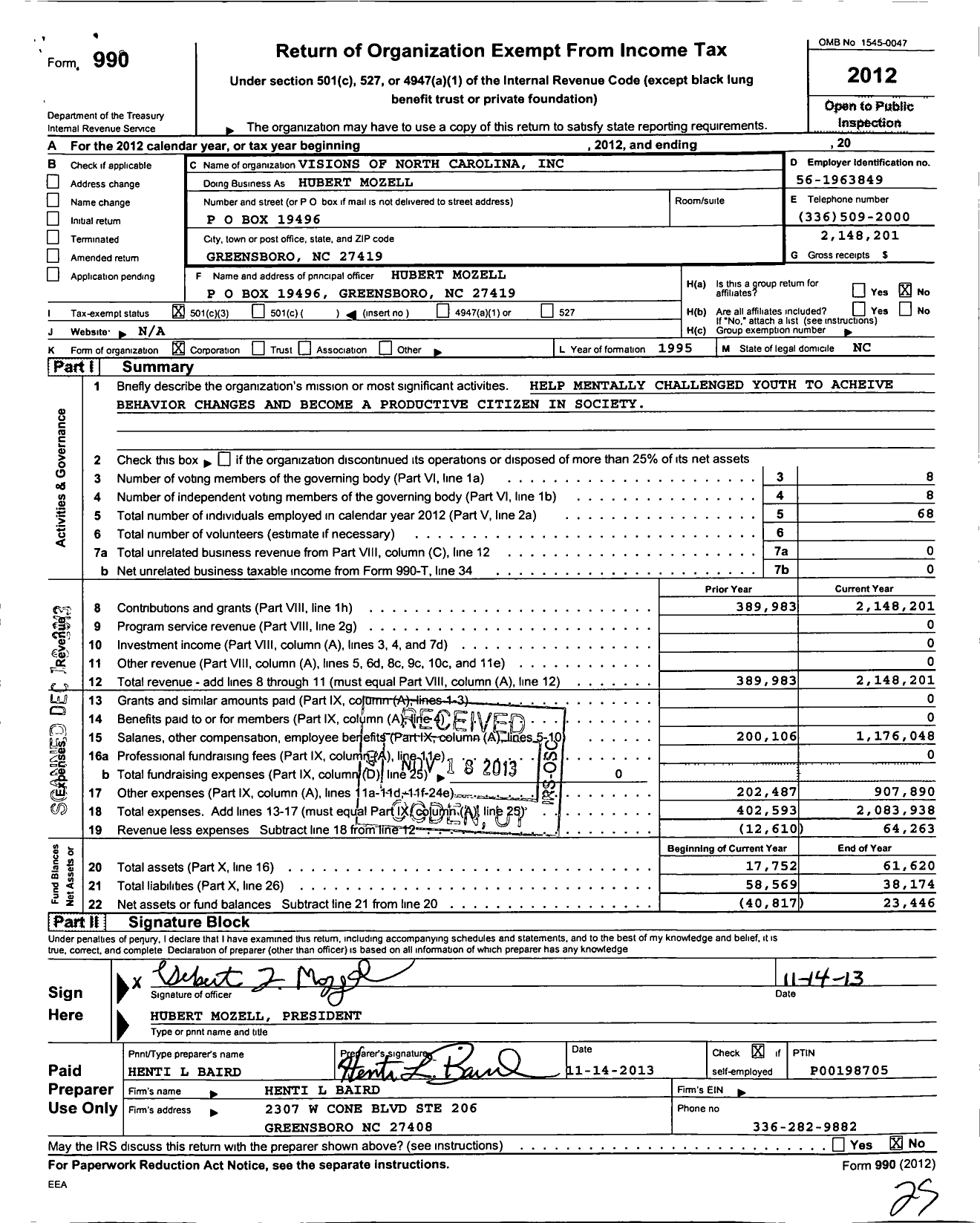 Image of first page of 2012 Form 990 for Visions of North Carolina