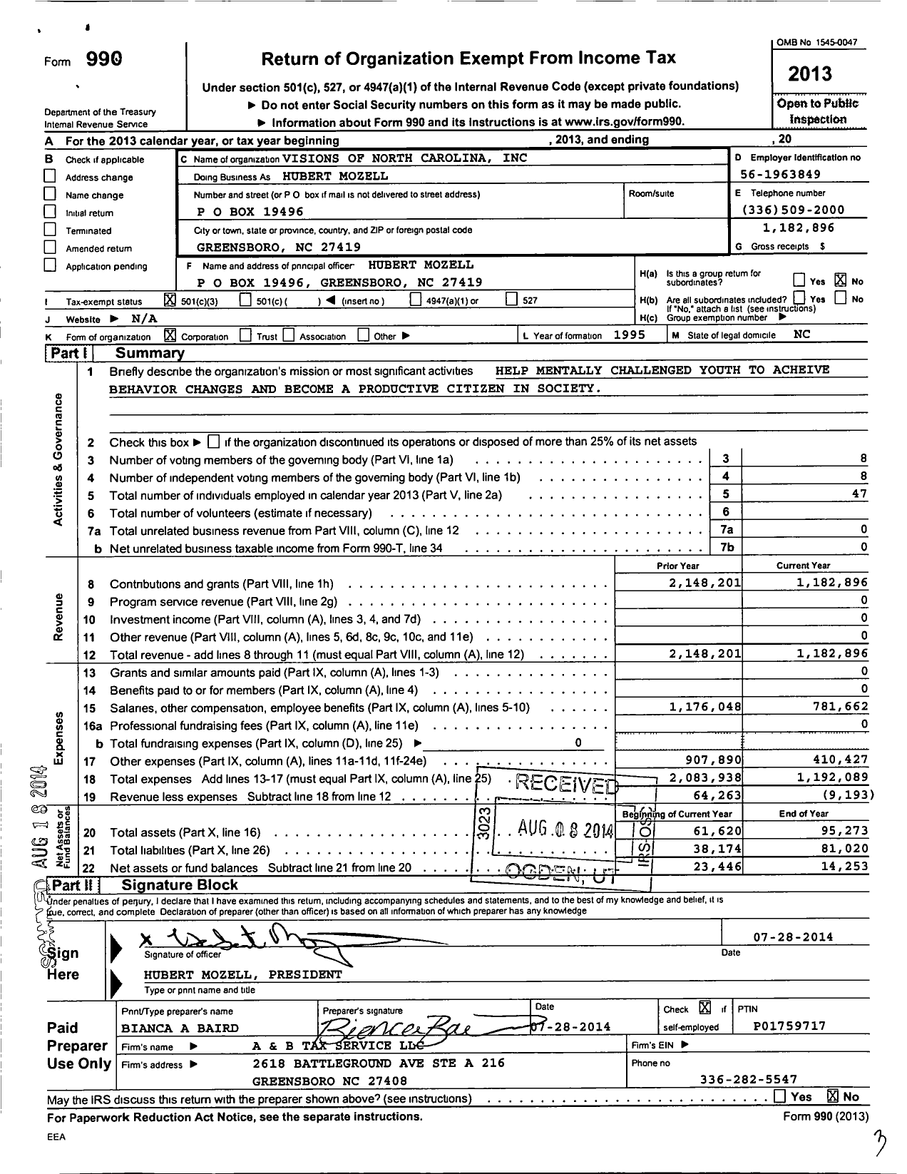 Image of first page of 2013 Form 990 for Visions of North Carolina