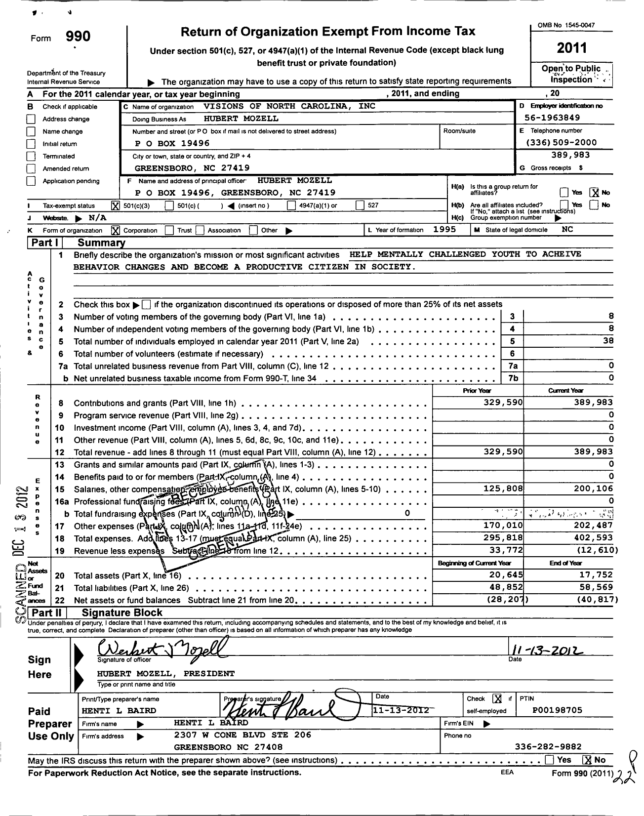 Image of first page of 2011 Form 990 for Visions of North Carolina