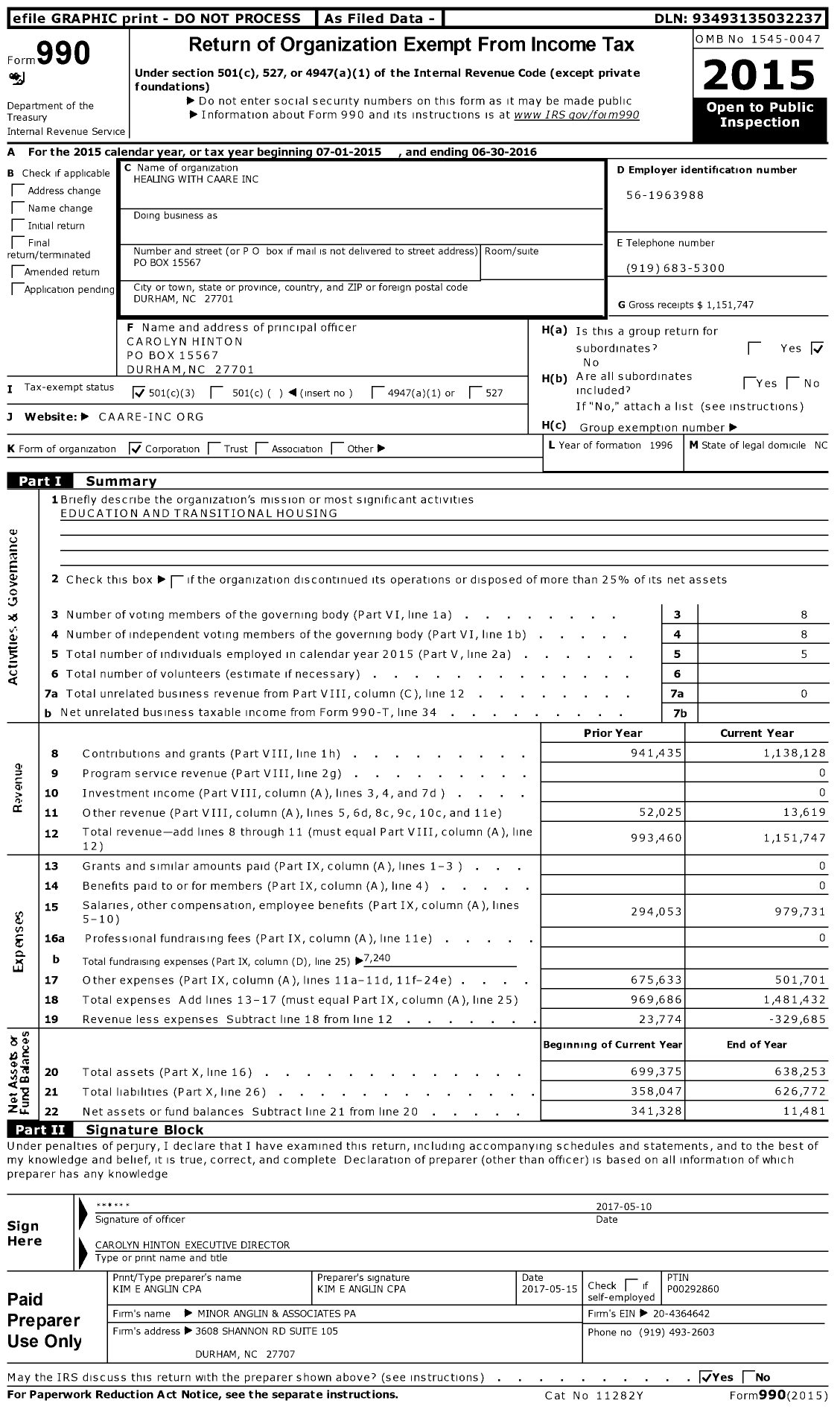 Image of first page of 2015 Form 990 for Healing with CAARE