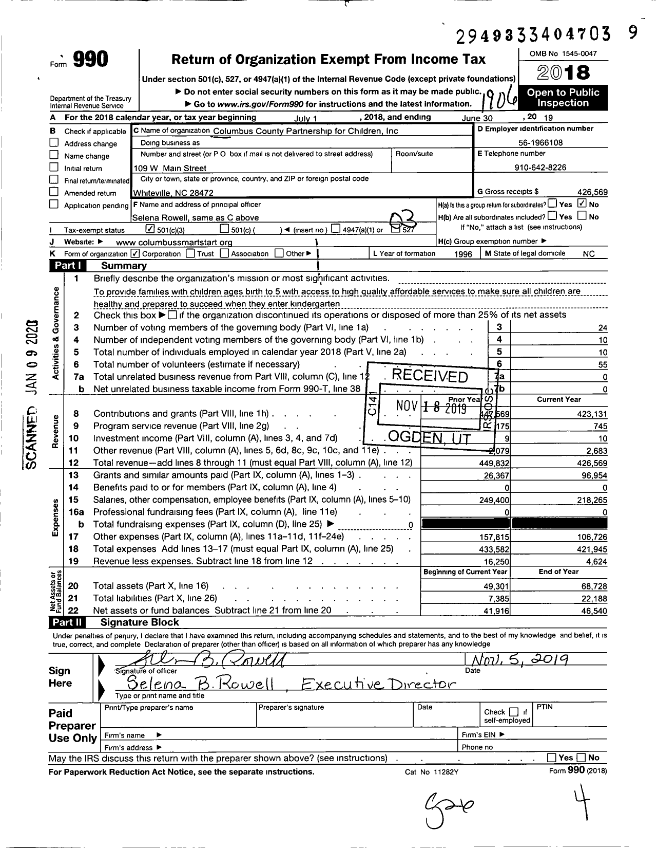 Image of first page of 2018 Form 990 for Columbus County Partnership for Children