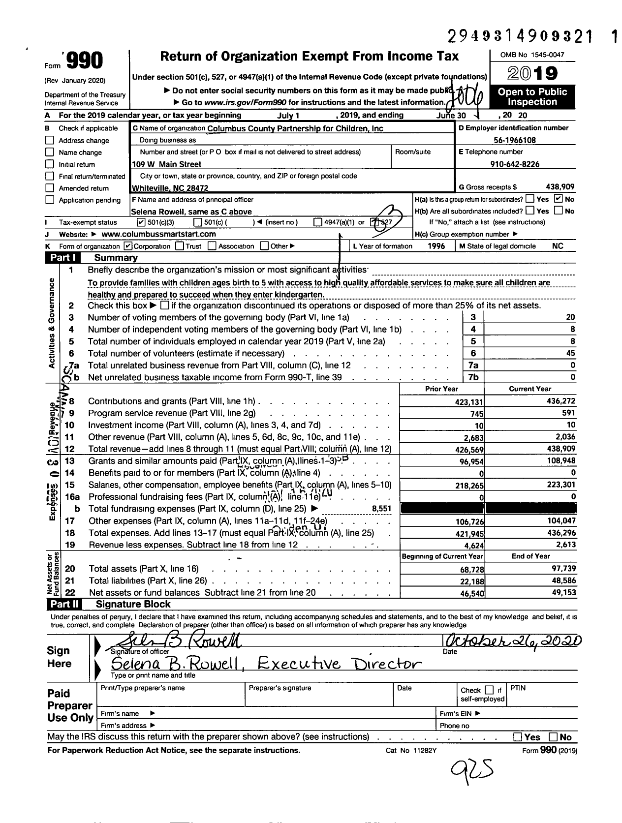 Image of first page of 2019 Form 990 for Columbus County Partnership for Children