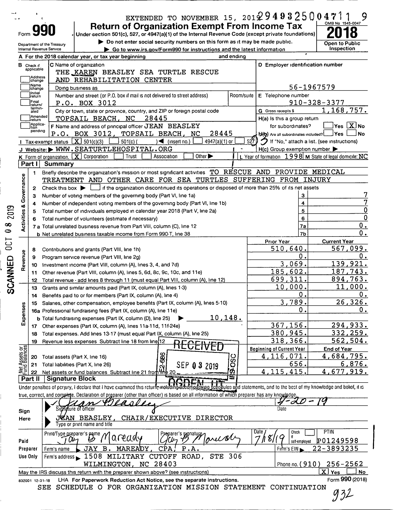 Image of first page of 2018 Form 990 for Karen Beasley Sea Turtle Rescue and Rehabilitation Center