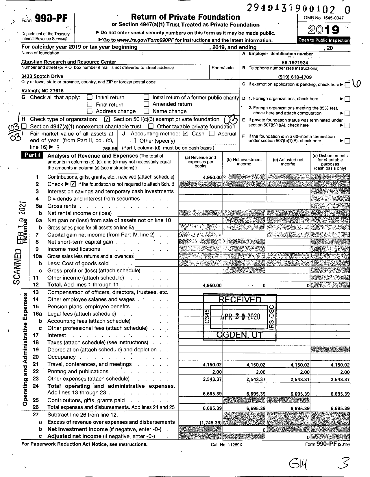 Image of first page of 2019 Form 990PF for Christian Research and Resource Center