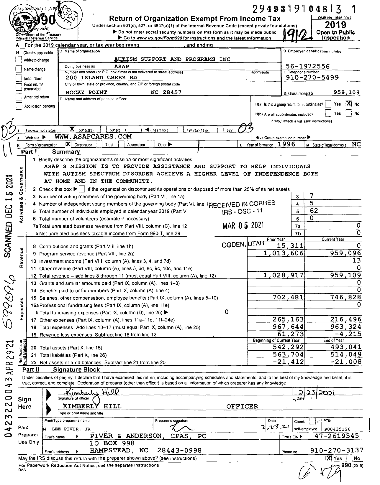 Image of first page of 2019 Form 990 for Autism Support and Programs ASAP (ASAP)