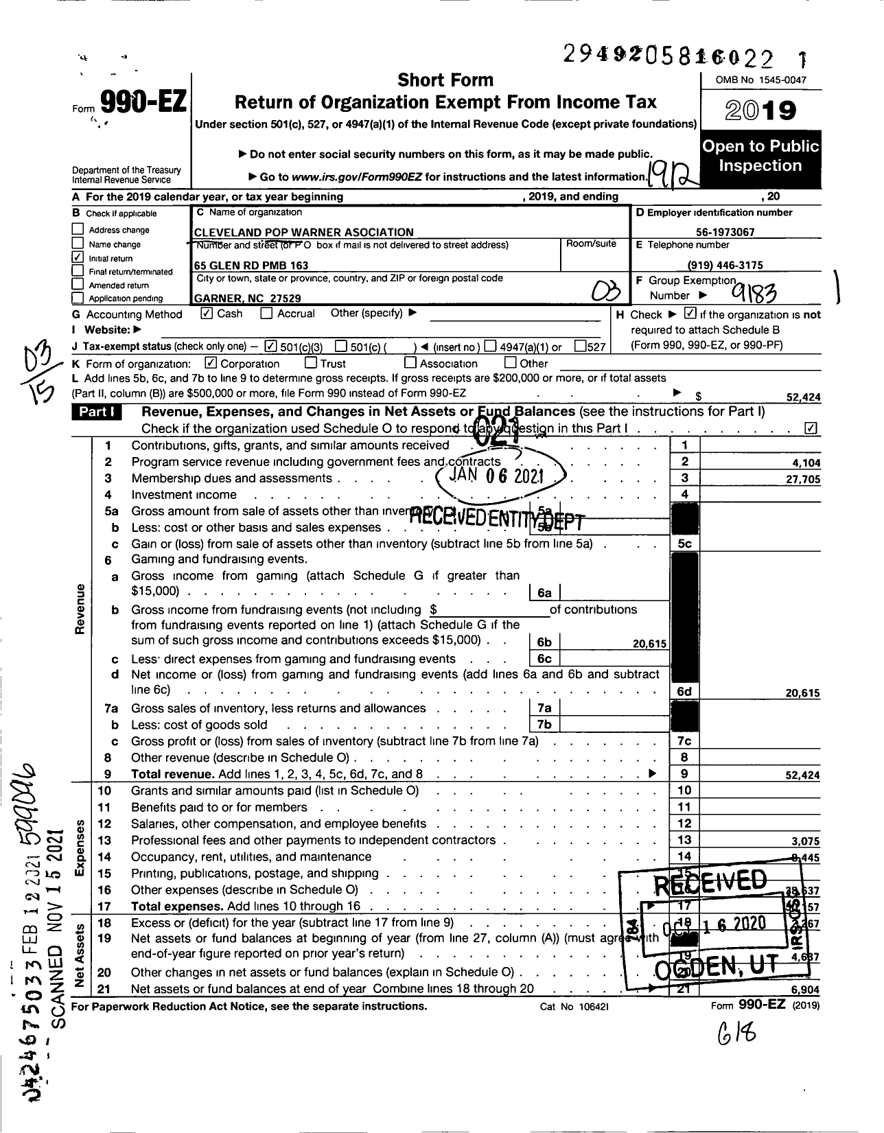 Image of first page of 2019 Form 990EZ for Pop Warner Little Scholars / Cleveland Pop Warner Association