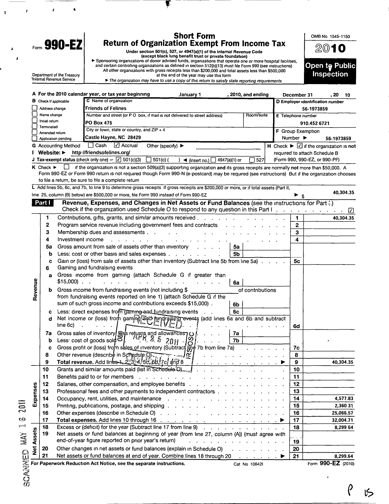 Image of first page of 2010 Form 990EZ for Friends of Felines