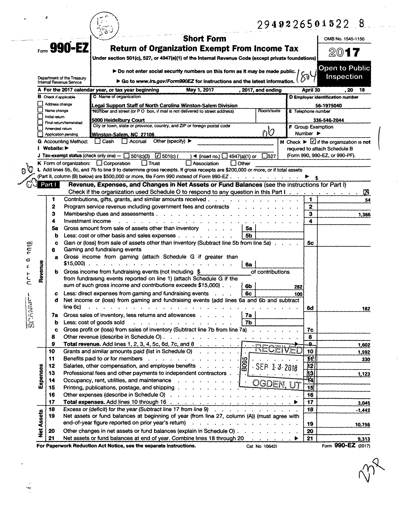 Image of first page of 2017 Form 990EO for Legal Support Staff of North Carolina Winston Salem Div