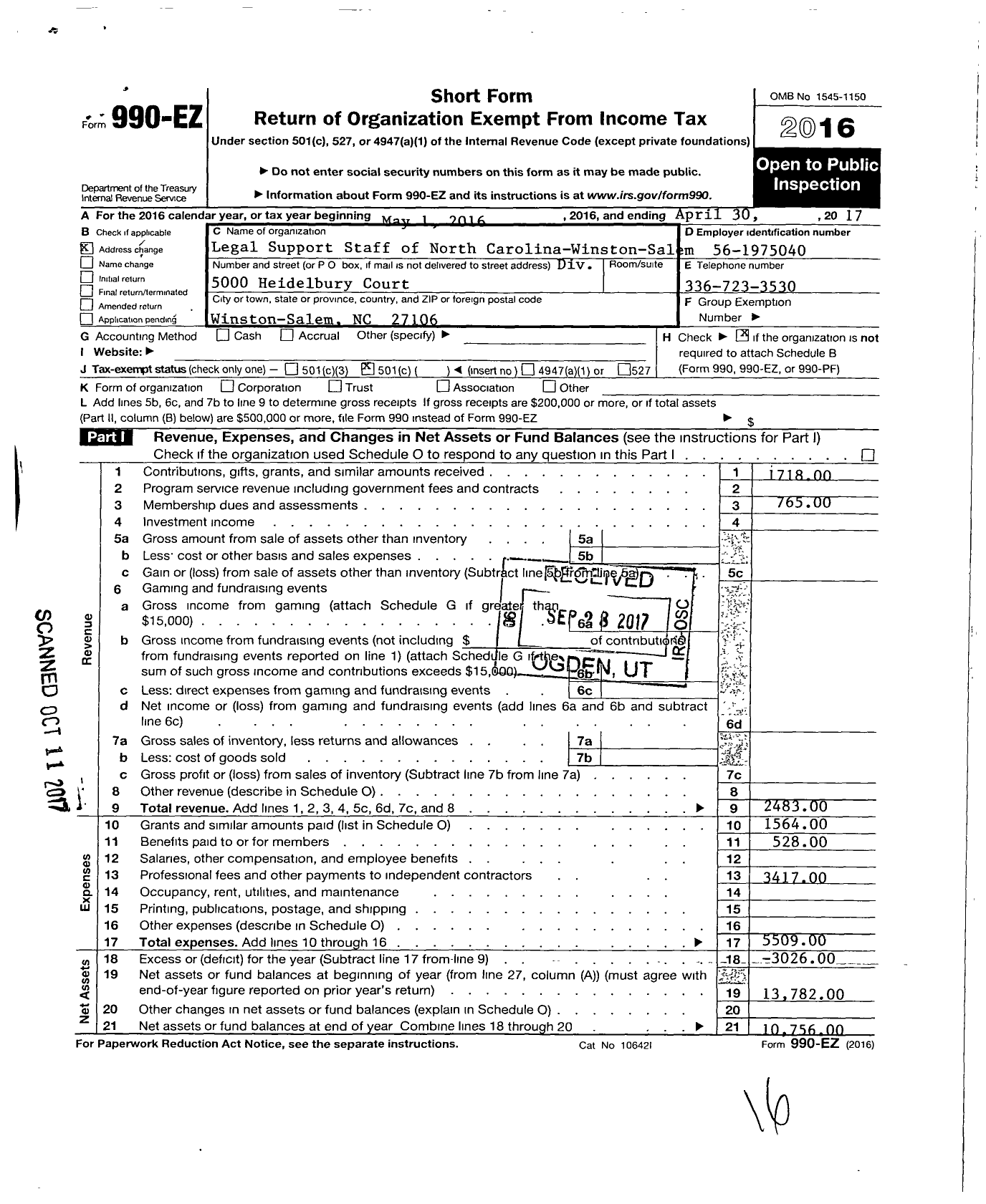 Image of first page of 2016 Form 990EO for Legal Support Staff of North Carolina Winston Salem Div