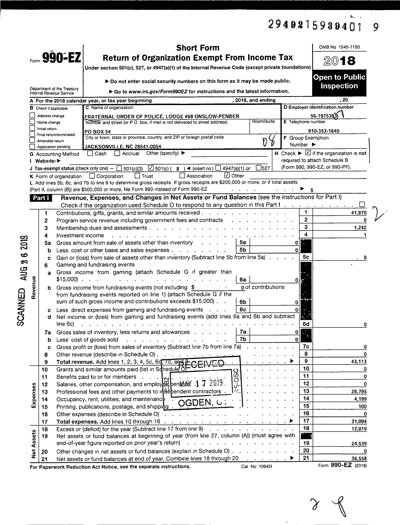 Image of first page of 2018 Form 990EO for Fraternal Order of Police - 68 Onslow-Pender Fop Lodge