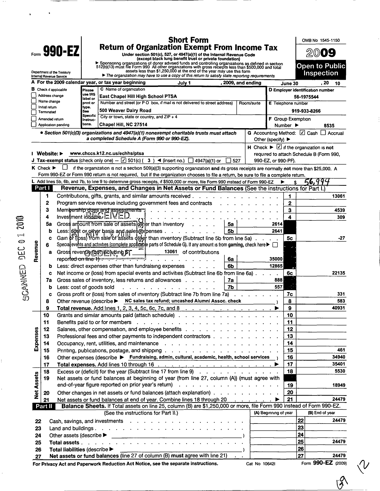 Image of first page of 2009 Form 990EZ for North Carolina PTA - East Chapel Hill High PTA