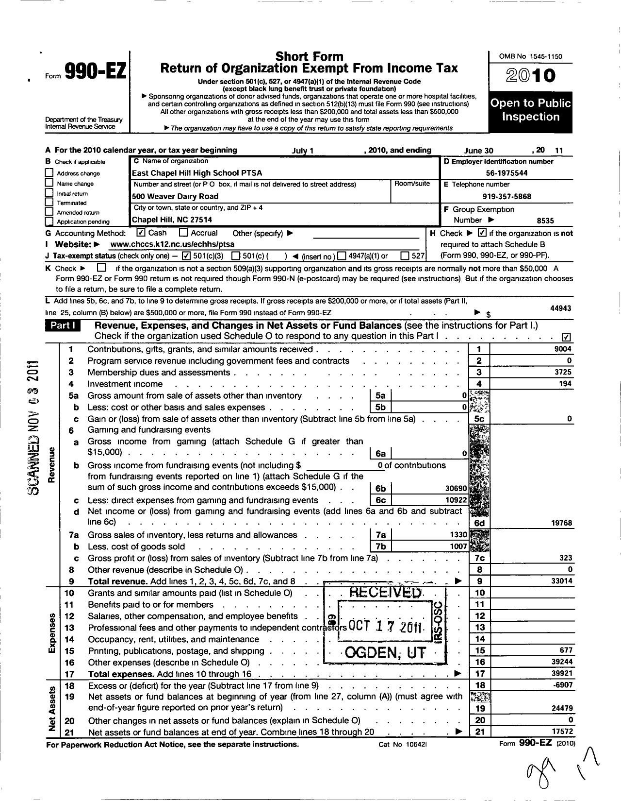 Image of first page of 2010 Form 990EZ for North Carolina PTA - East Chapel Hill High PTA